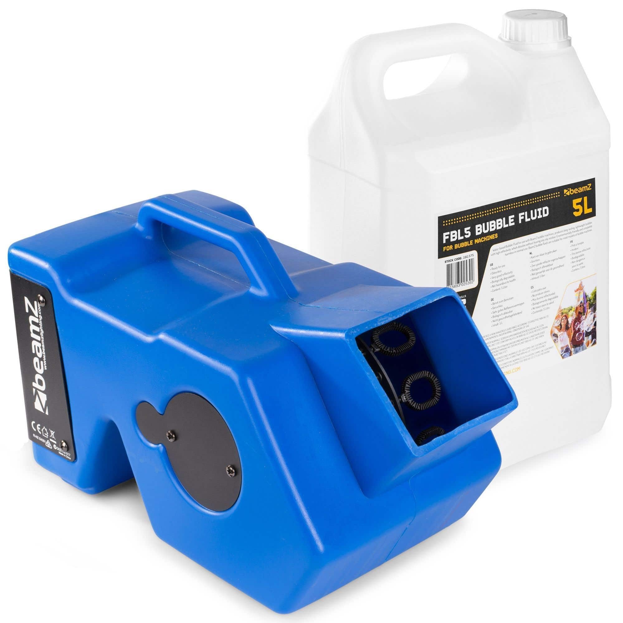 BeamZ B1000 Automatischer Seifenblasenmaschine mit Funk Fernbedienung und 5 Liter Seifenblasenflüssigkeit, Professional Seifenblasen Automat mit Ventilator, Leistungsstark 40W - Blau