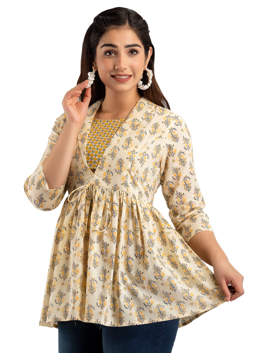 feranoidWomen's Cotton Floral Printed Short Kurti Tunic Top