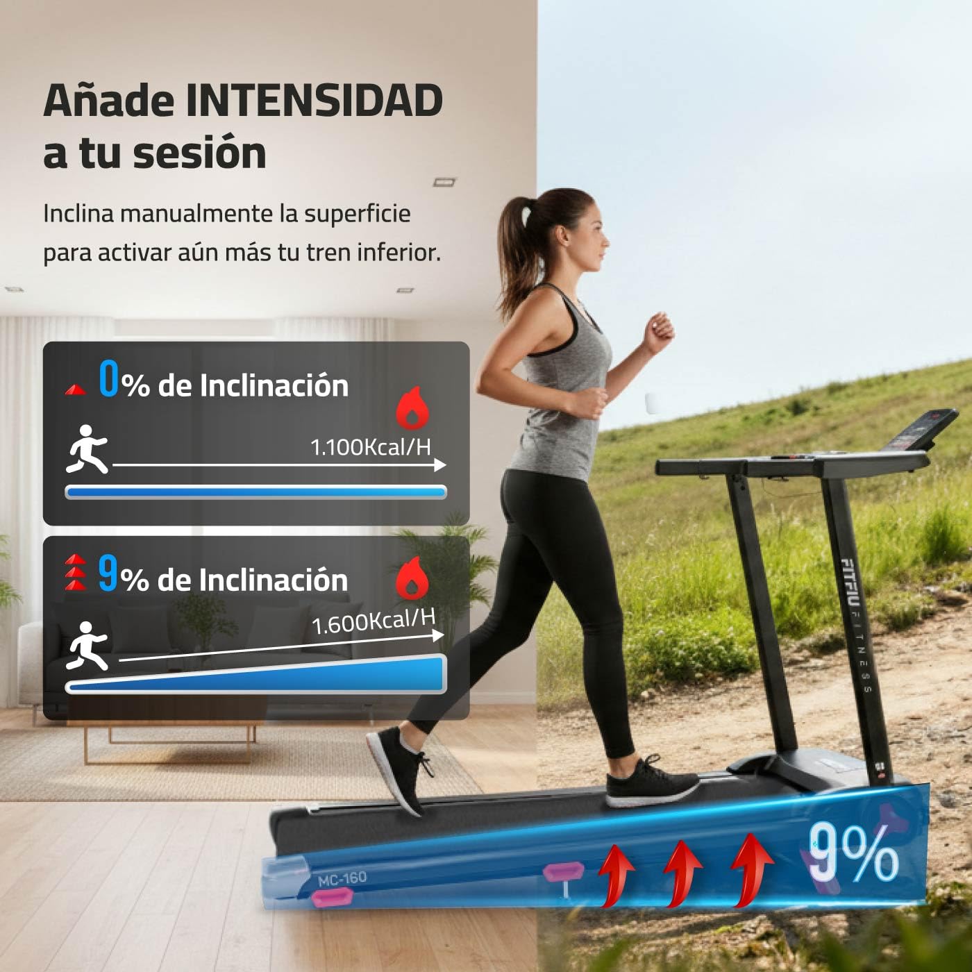 Cinta de Correr Plegable con Inclinación 9% FITFIU Fitness 4 en 1 Velocidad Ajustable 14 Km/h con Conectividad App y Frecuencia Cardíaca Soporte para Tablet Walking Pad Compacta MC-160