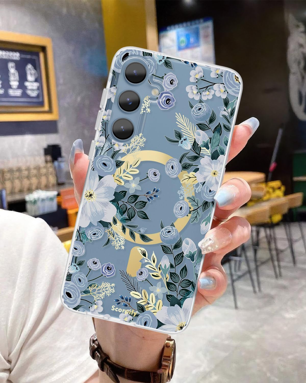 SCORPIFY Compatible with Samsung Galaxy S25 Case [Compatible with MagSafe] for Blue Nemophila Floral Design, Cute Magnetic Clear Flower Phone Cover for Women Girls, Gold Accents