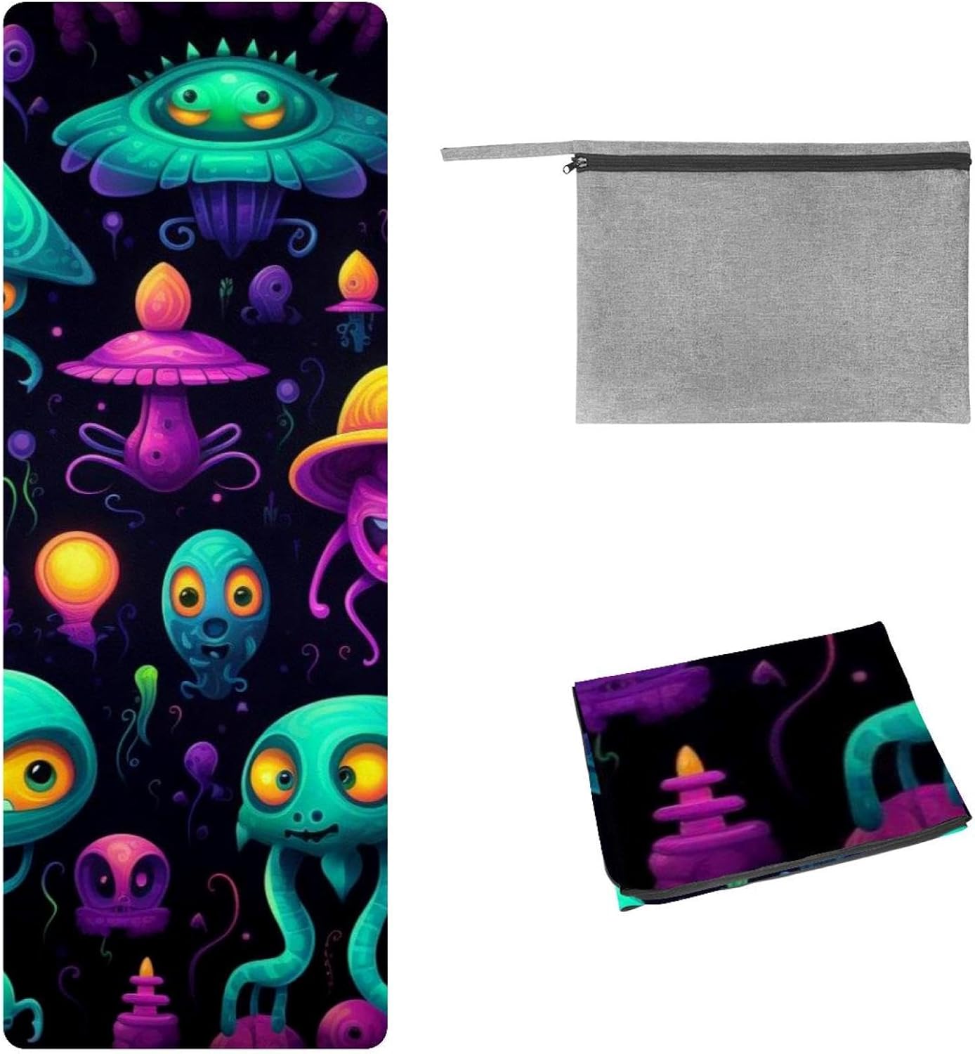 Yoga Towel, Outer Space Alien Pattern Non Slip Sweat Absorbent Hot Yoga Mat Towel for Hot Yoga, Pilates and Fitness - 72.8" x 26.8"