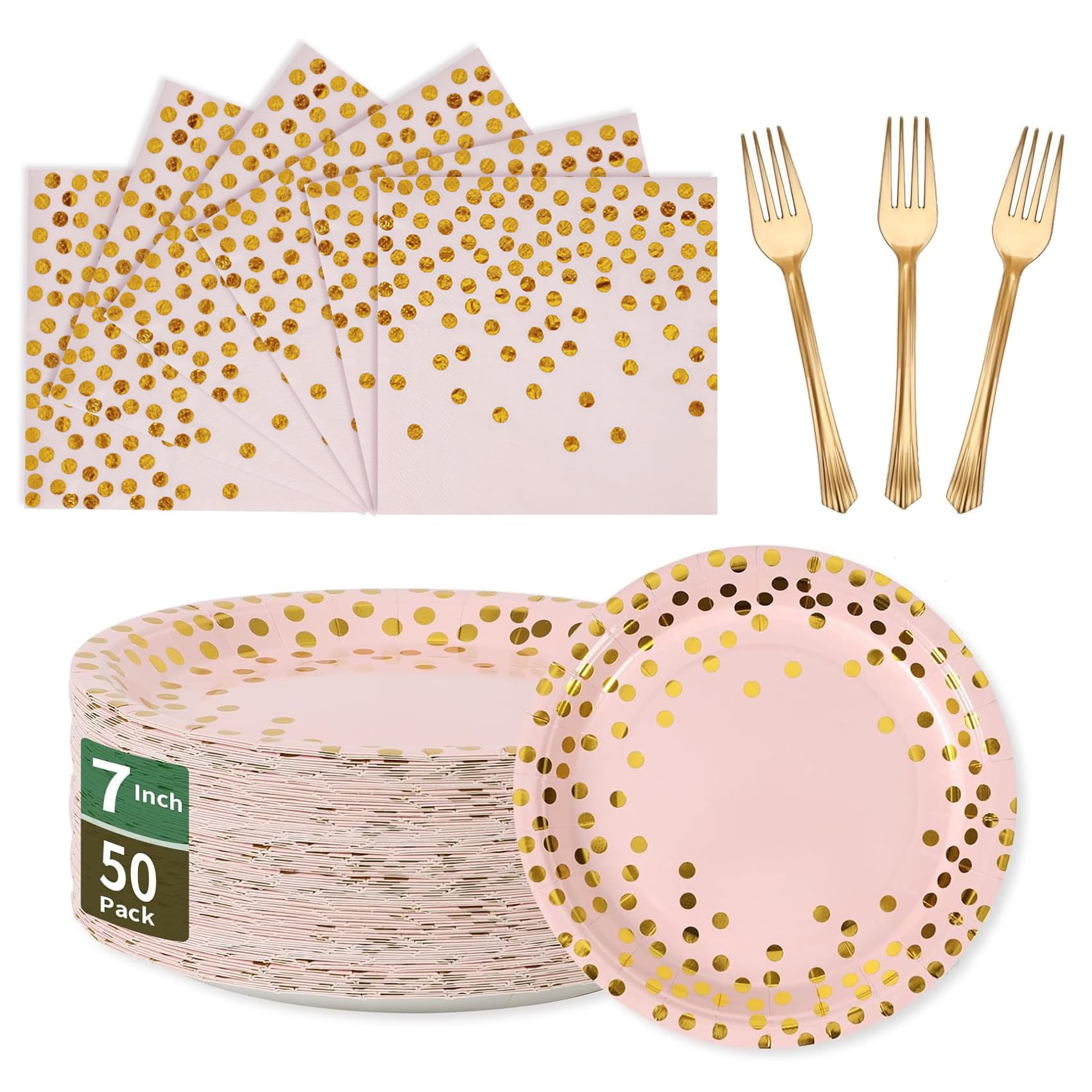 Pink and Gold Paper Tableware Set-150PCS-50 x 7'' Dessert Plates & 50 x 6.5'' Napkins & 50 x 7.3'' Forks,Disposable Party Supplies for Baby Showers,
