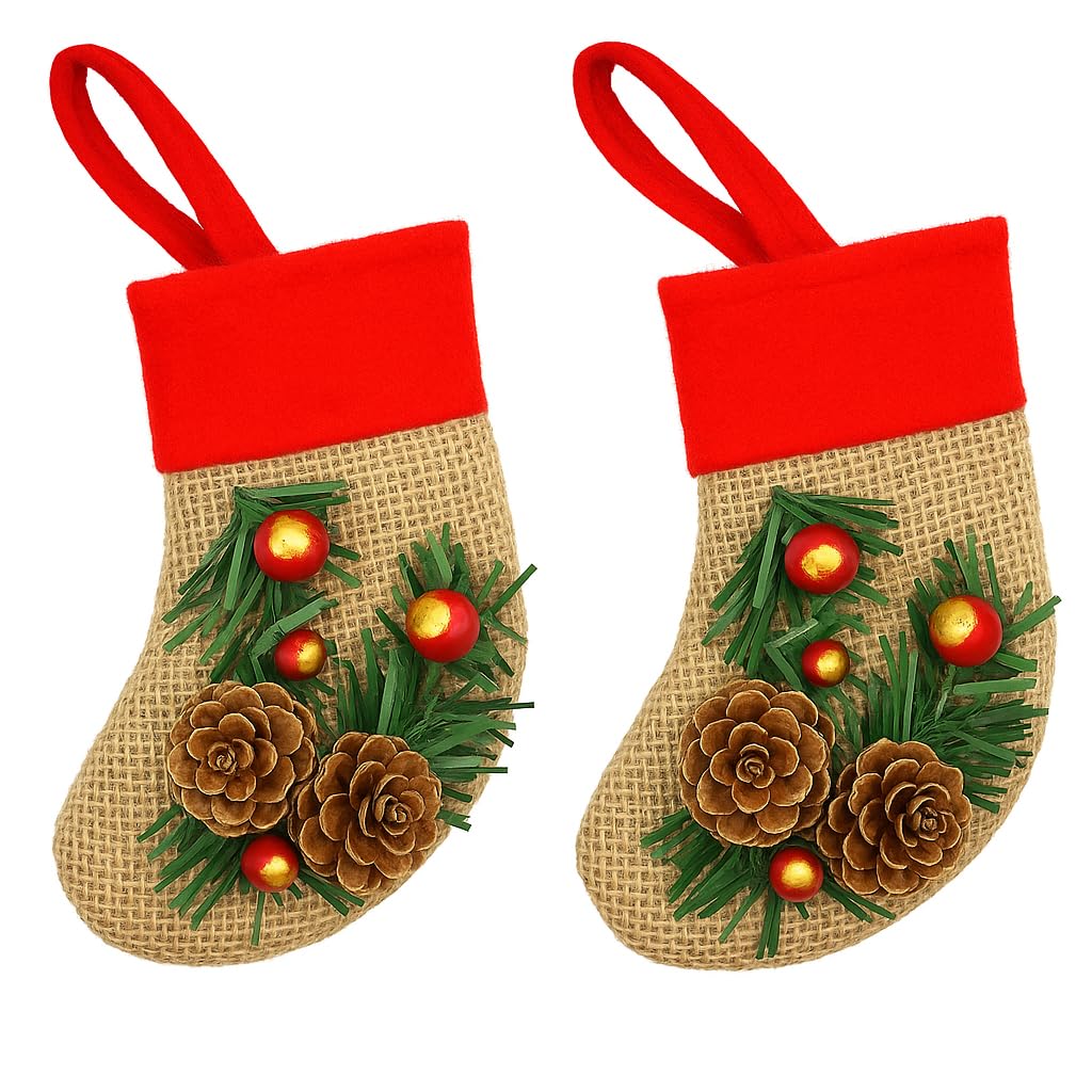 Top Sale Mini Jute Stocking Pack of 2 – 14.5 x 7.5cm Rustic Burlap Hanging Stockings with Pine Cones & Berries – Xmas Tree, Fireplace & Gift Decor