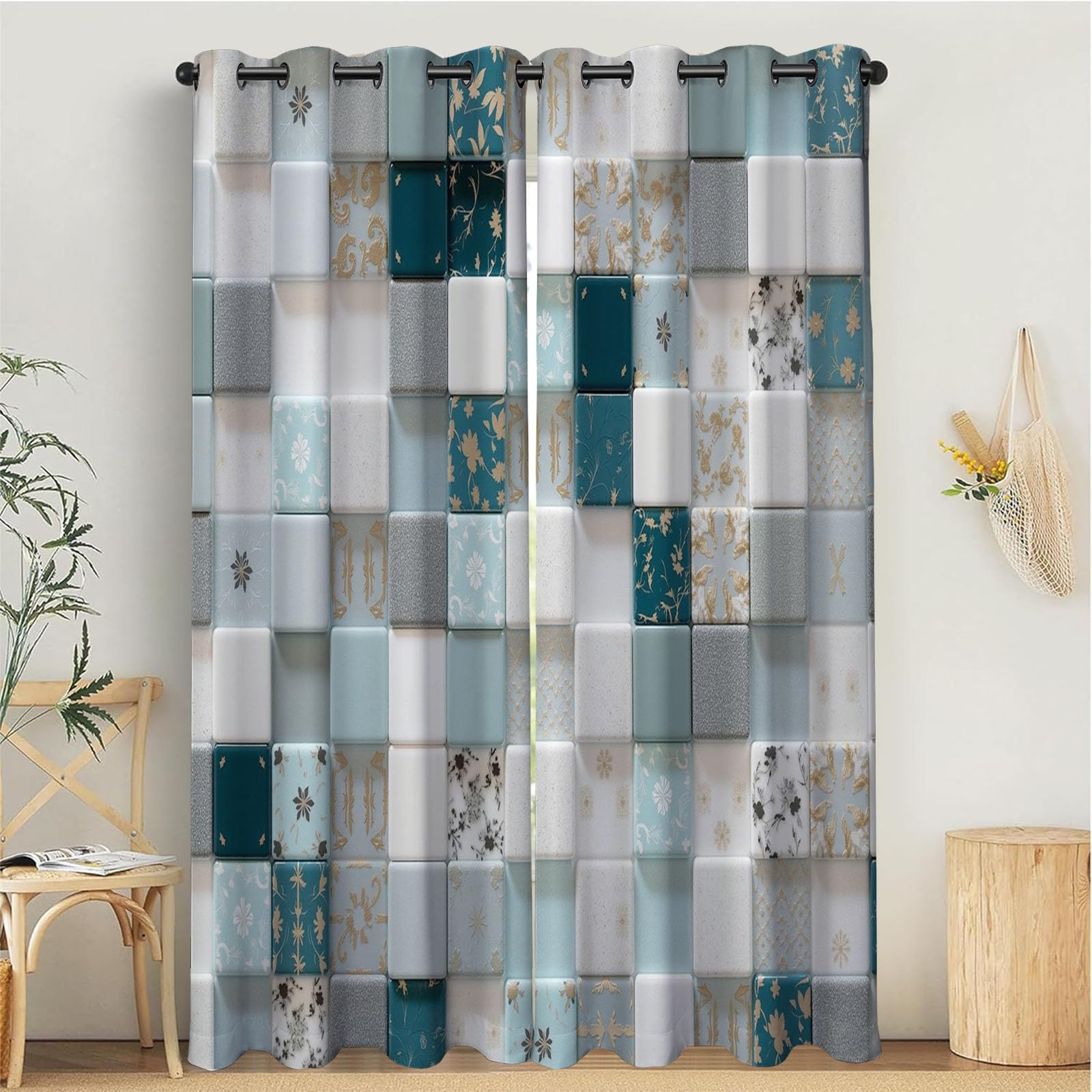 Verdunklungsvorhänge mit Ösen 2er Set H138 x B117 cm Blickdichte Vorhänge 3D-Blumenwürfel Thermovorhänge Mosaikfliesen Gardinen für Wohnzimmer Schlafzimmer Balkon Fensterdeko, Blaugrau
