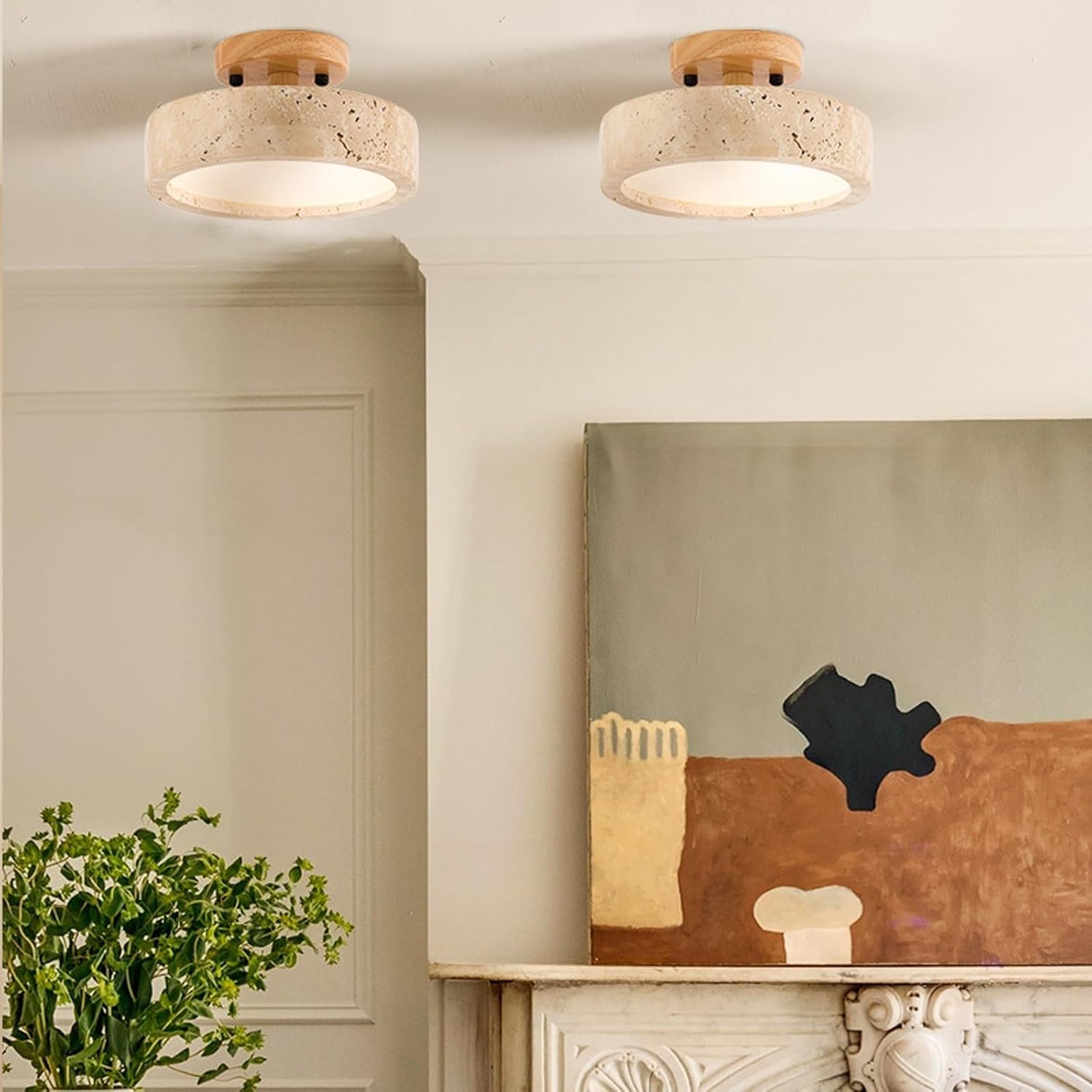Lampy Sufitowa Japoński Żółty Trawertyn Cylinder Kamień LED Kompaktowa, Plafon Nordic Kremowy Oświetlenie Sufitowe Korytarz Wejście Balkon(Stepless Dimming)