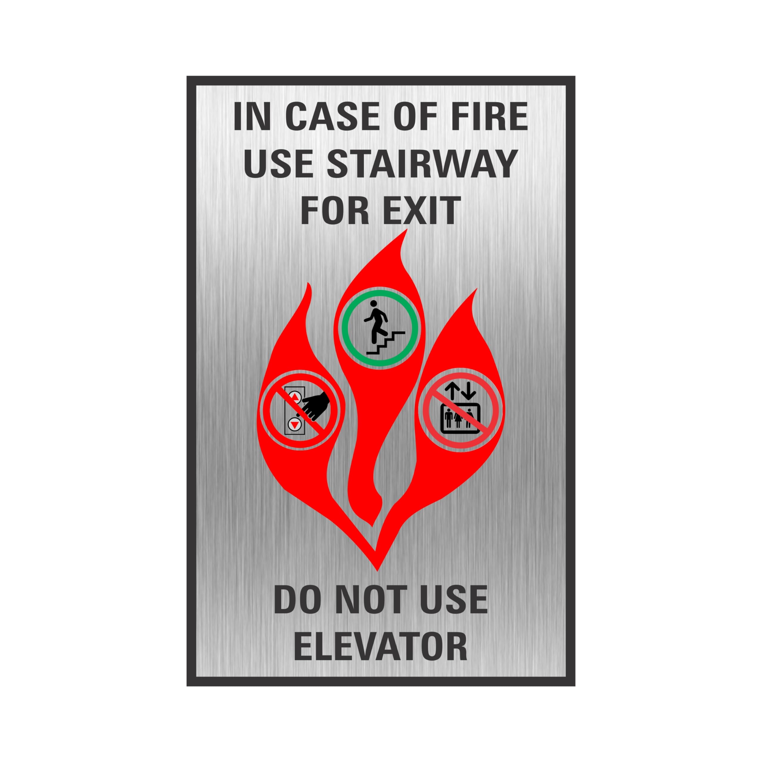 JUSTBRAILLESIGNS IN CASE OF FIRE elevator fire emergency sign, with pictogram, 5-1/4”W x 8-1/4”H, Comply with elevator signage requirements, White or
