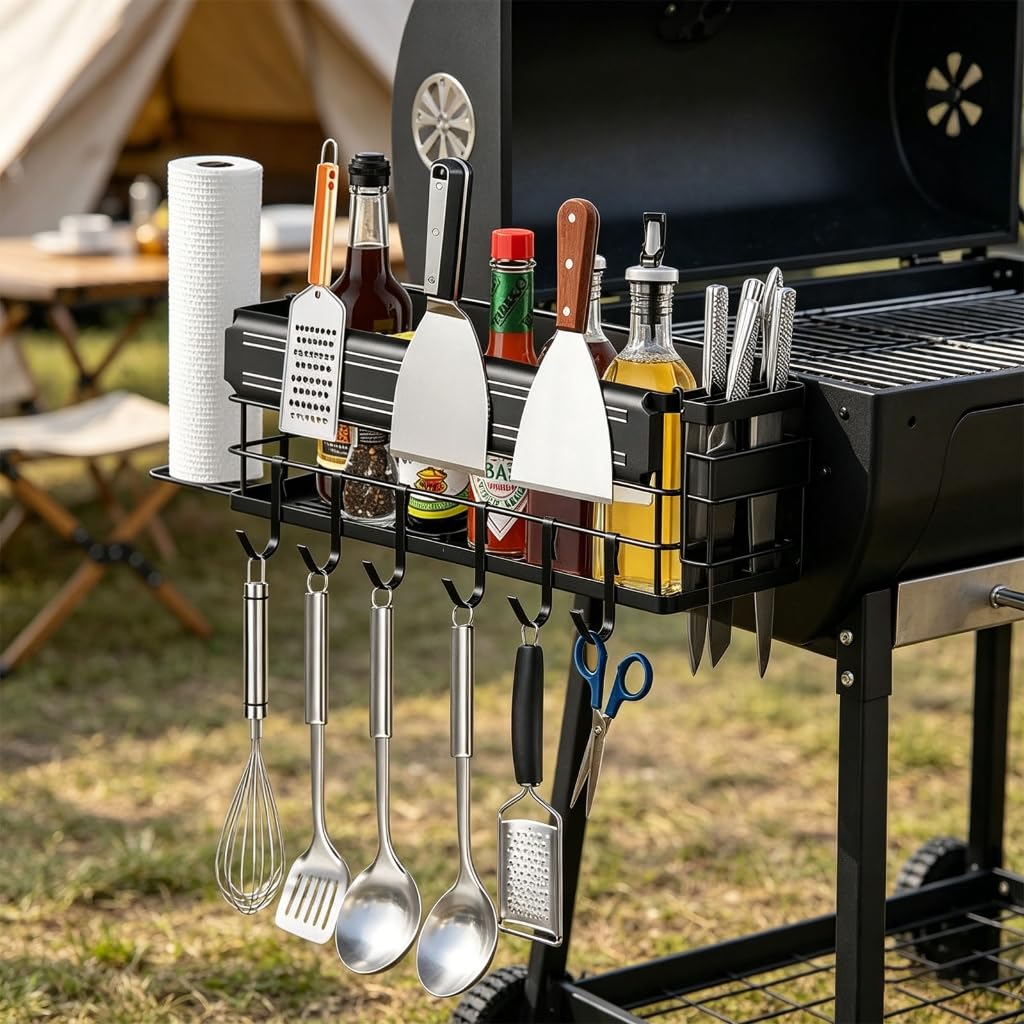 Pratico ripiano laterale per barbecue con 6 cerchi e attraente gruppo per utensili da cucina