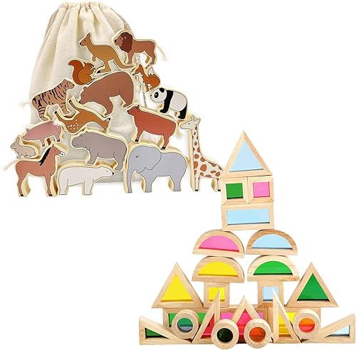 Xylolin Paquete de bloques de animales de zoológico de madera apilar y equilibrar juguete y bloques de construcción de madera para bloques Tg,