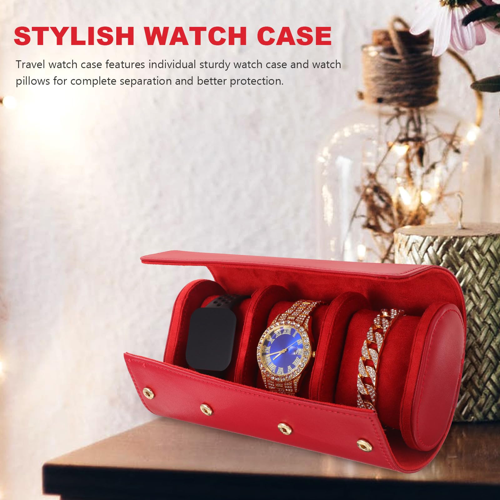 SHINEOFI Estuche Enrollable para Relojes de Cuero Rojo 3 Compartimentos