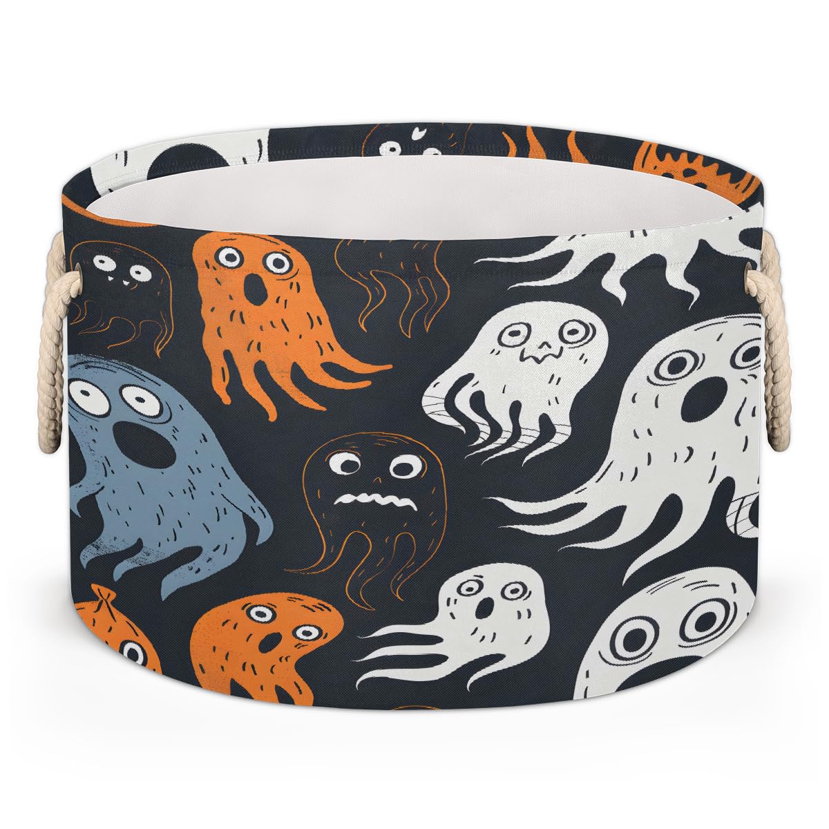 Large Round Storage Basket with Handle Ghost Colorful Black Kids Toy Storage Bin Foldable Laundry Hamper Cube Clothes Blanket Organizer Box for Living Room Nursery Bedroom Laundry Room Storage Decor