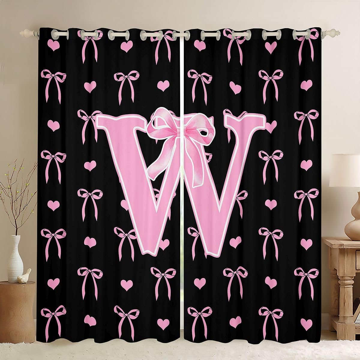 Feelyou Bow Blackout Curtains Black Pink Bow Darkening Drapes for Bedroom Living Room Decor Bowknot Thermal Insulated Shades Kawaii Window Treatments, 2 Panels 38 x 54 Inch Personalized Initial E