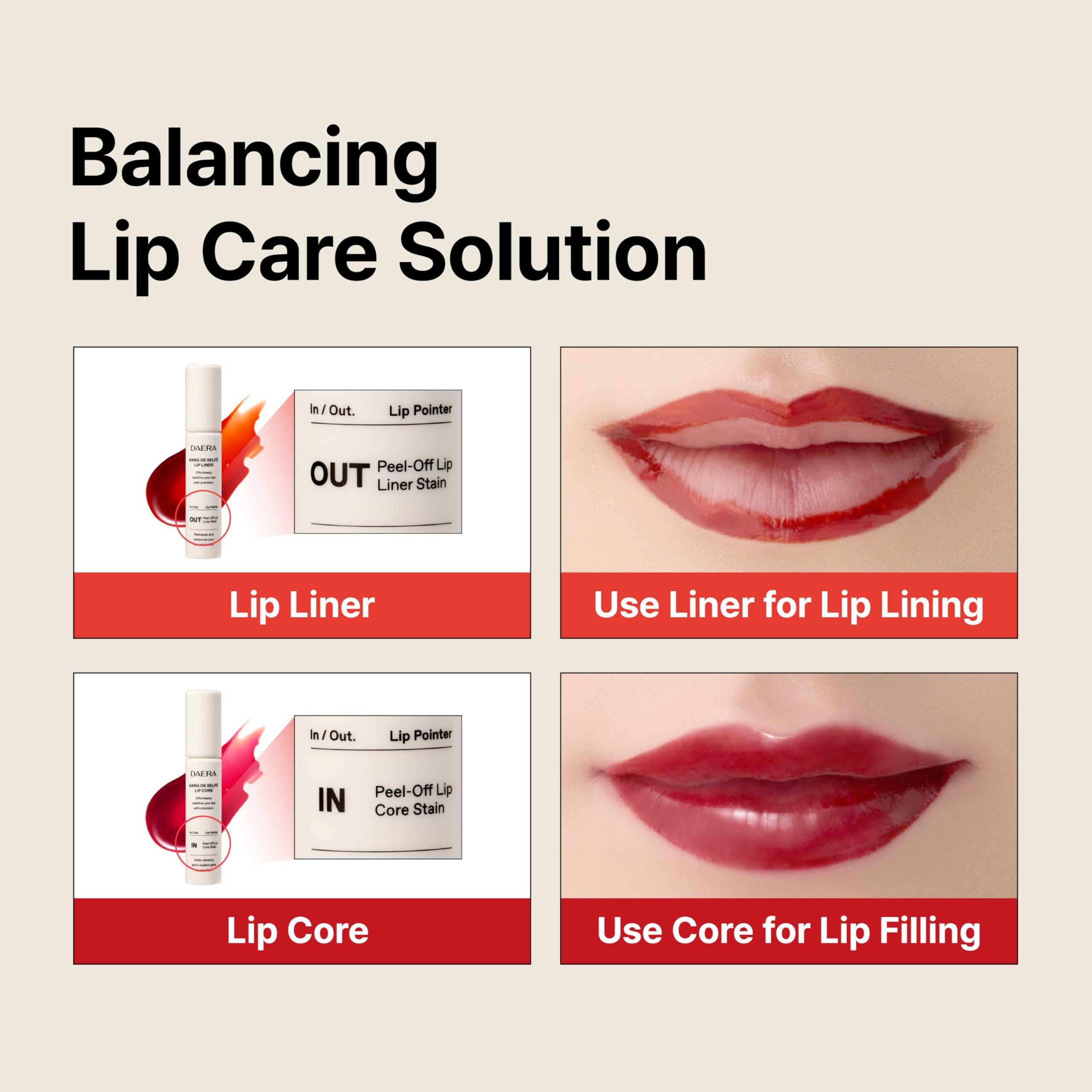 DAERA Kang De Selfe Lip Set mit abziehbarer Lippenfarbe und Innenfarbe, koreanische Lippenpflege, langanhaltend, flecken- und übertragungsresistent, feuchtigkeitsspendend mit Peptiden und