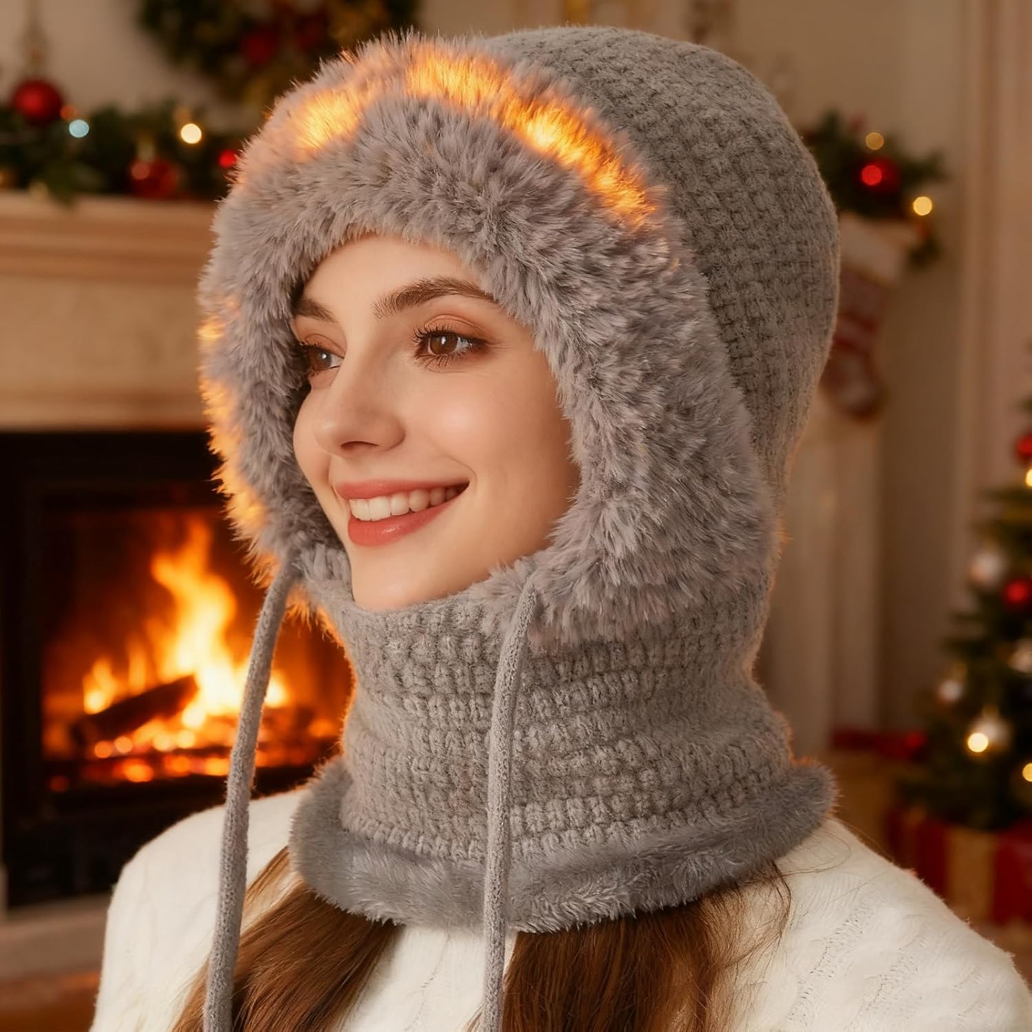 3 in 1 Beanie Hat with Scarf and Mask Winter Hat Scarf Mask Outdoors Windproof S-Carf Ha-t Grey - Image 5