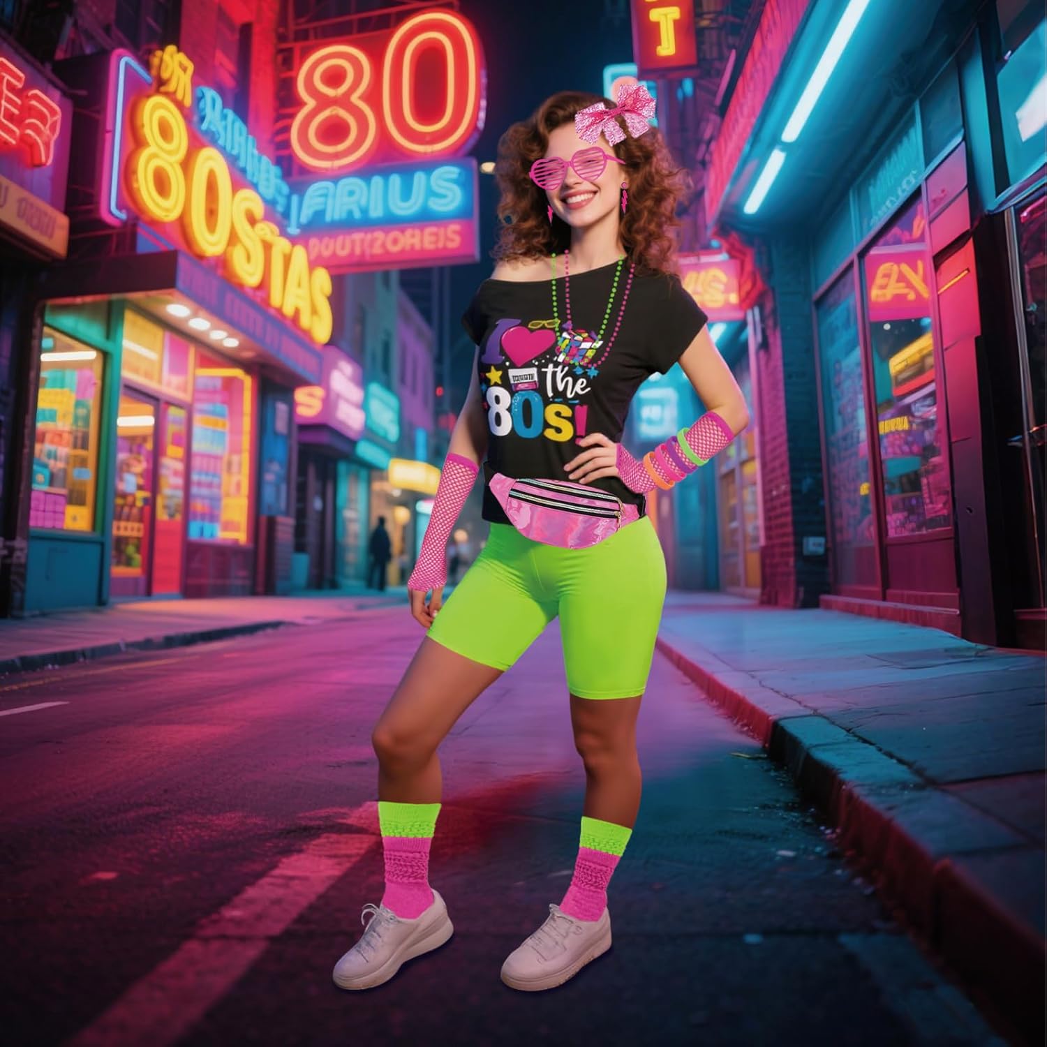 Xintorch 80s Accessories for Women 80s Neon Socks Holographic Fanny Pack Lace Headband Earrings Fishnet Gloves for 80's Party - Image 4