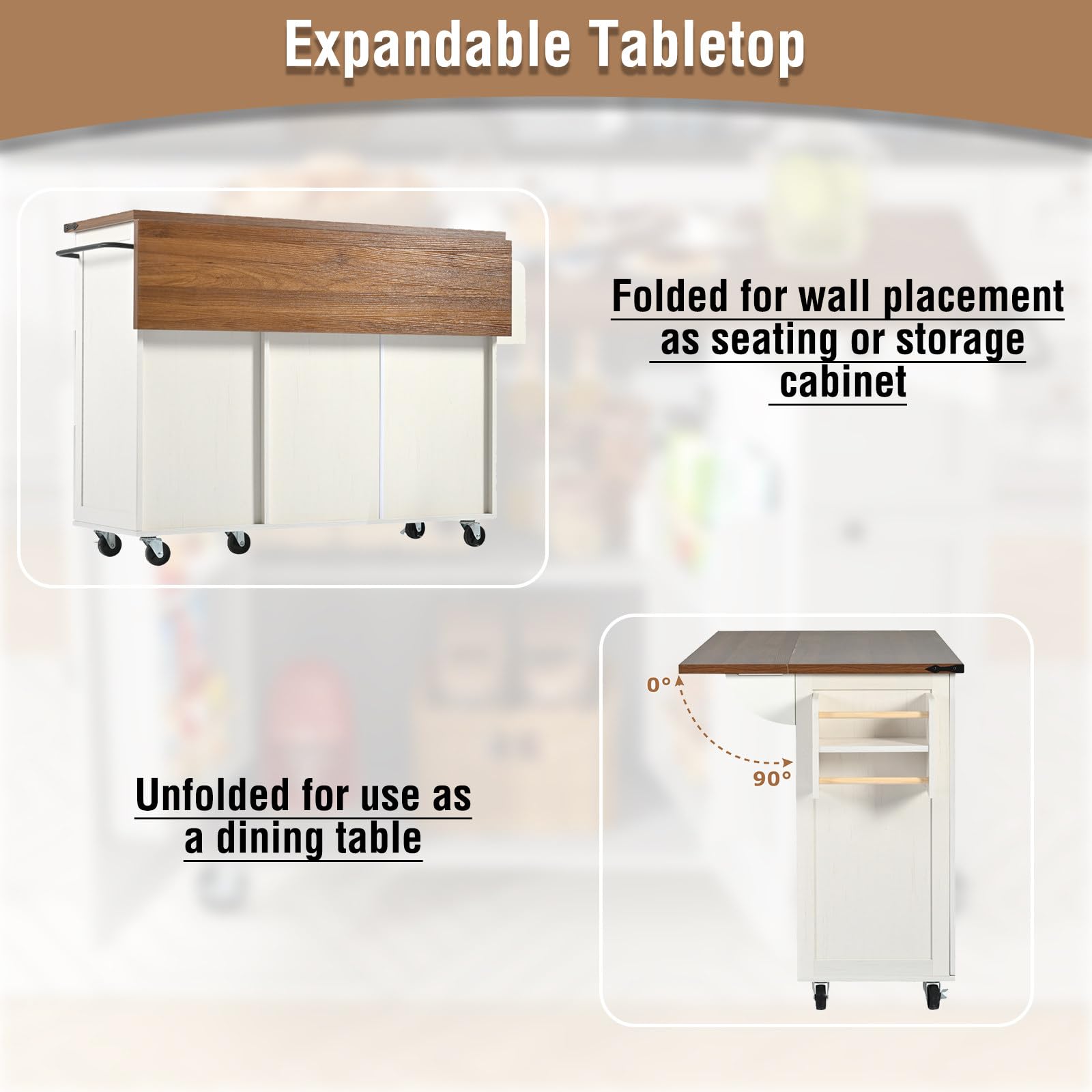 Desserte Ilot de Cuisine sur roulettes, Meuble de Cuisine avec Plans de Travail Rabattable, Desserte desserte de Cuisine Multi Rangements avec 2 Tiroirs et 2 Portes, 120x45-73x92.5 cm, Beige