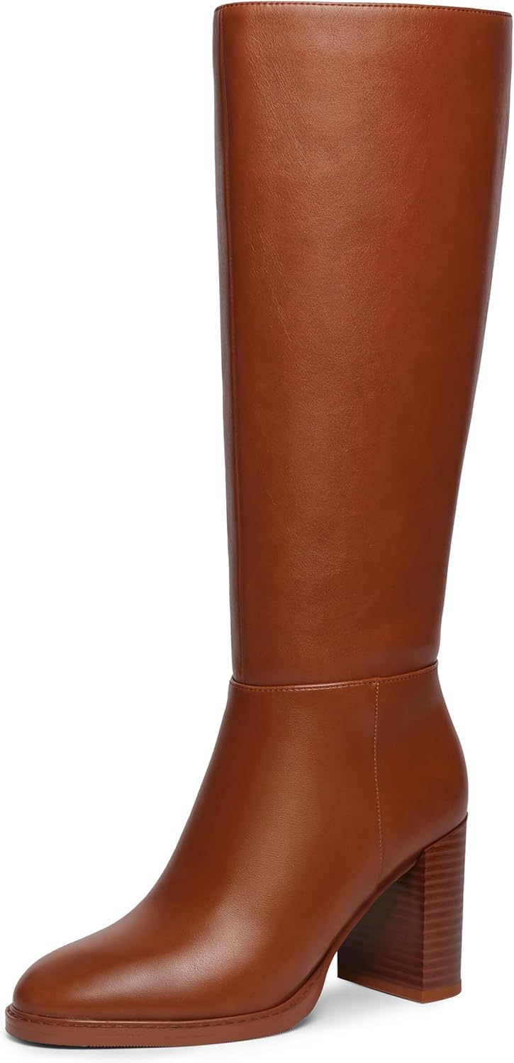 Women's Knee High Boots Square Toe Chunky Block Heel Long Boots for Women Side Zipper Comfort Tall Boots