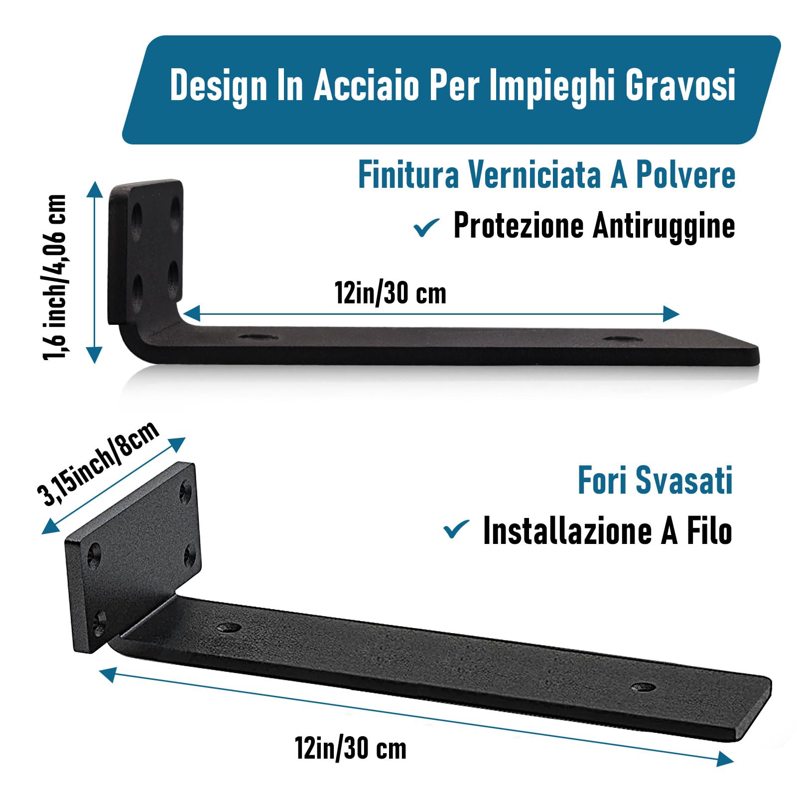 4 Pezzi Staffe per Mensole Pesanti, Staffa Angolare Nascoste Galleggianti, Supporto da Appendere Alla Parete, Staffa a L con Viti per Scaffali (Nero, 30cm)