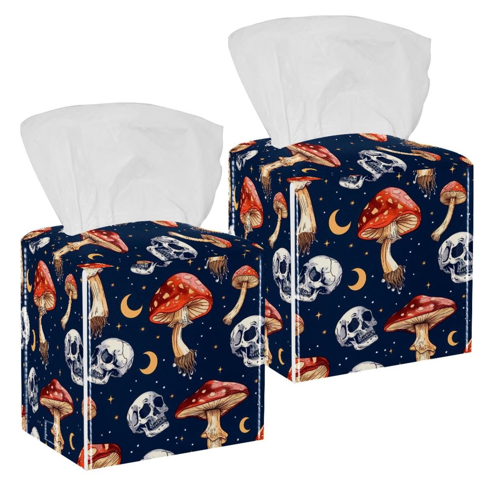 Mushrooms Moon and Skulls Tissue Box Cover, 2 Pack PU Leather Square Facial Tissue Dispenser Box holder for Home Office Car