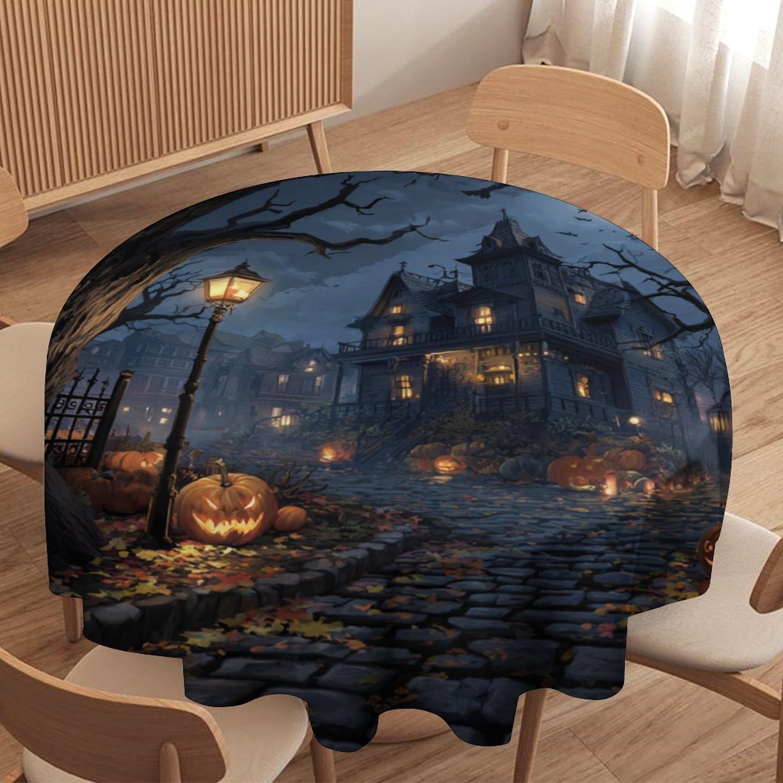 Luyysky Gothic Realistic Horror Castle Waterproof Round Tablecloth Modern Aesthetic Halloween Full Moon Pumpkin Animals Bats Washable Table Cover For Kitchen-127 Wx127 L Cm
