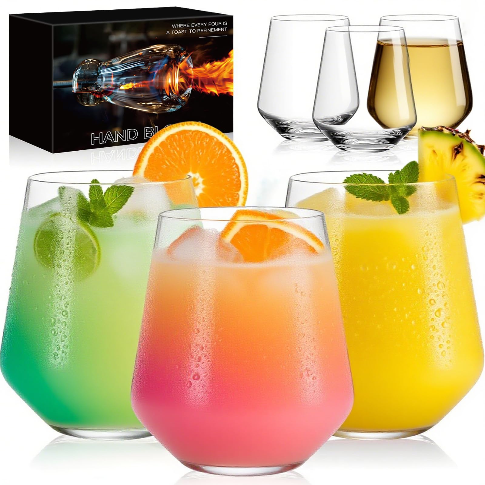 Physkoa Stemless Wine Glasses Set of 6 – 18oz Modern Crystal Glass, Lightweight & Dishwasher Safe | Red & White Wine Glasses for Daily Use, Parties, Housewarming or Birthday Gift