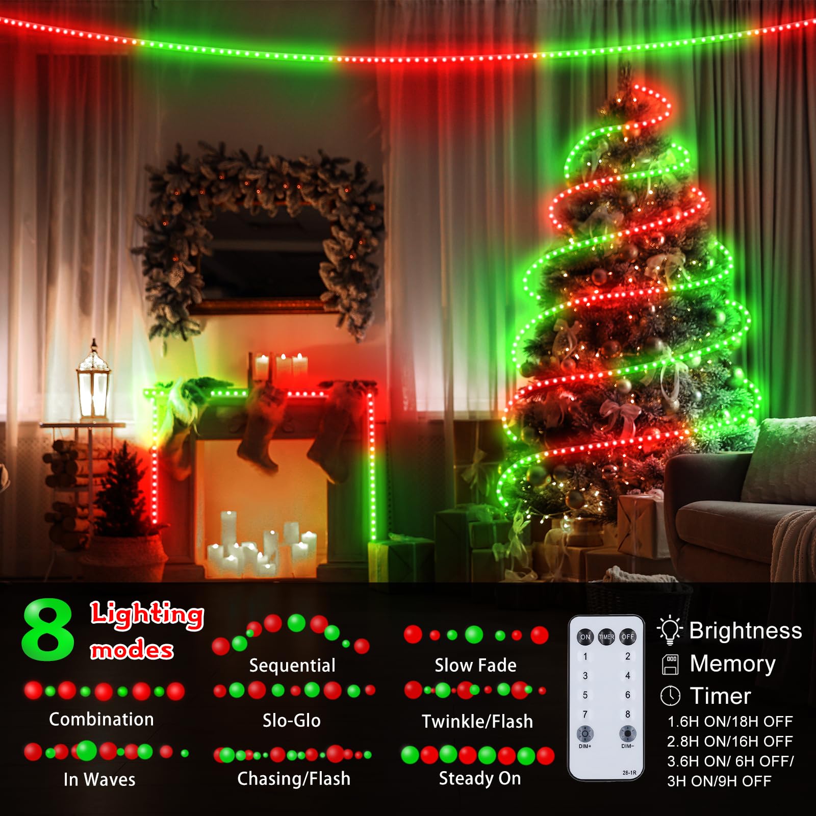 Tira de luces de Navidad para exteriores, 50 pies, 600 luces LED rojas y verdes, tubo de luz impermeable enchufable en 8 modos de memoria, luces de Navidad permanentes para decoración de la