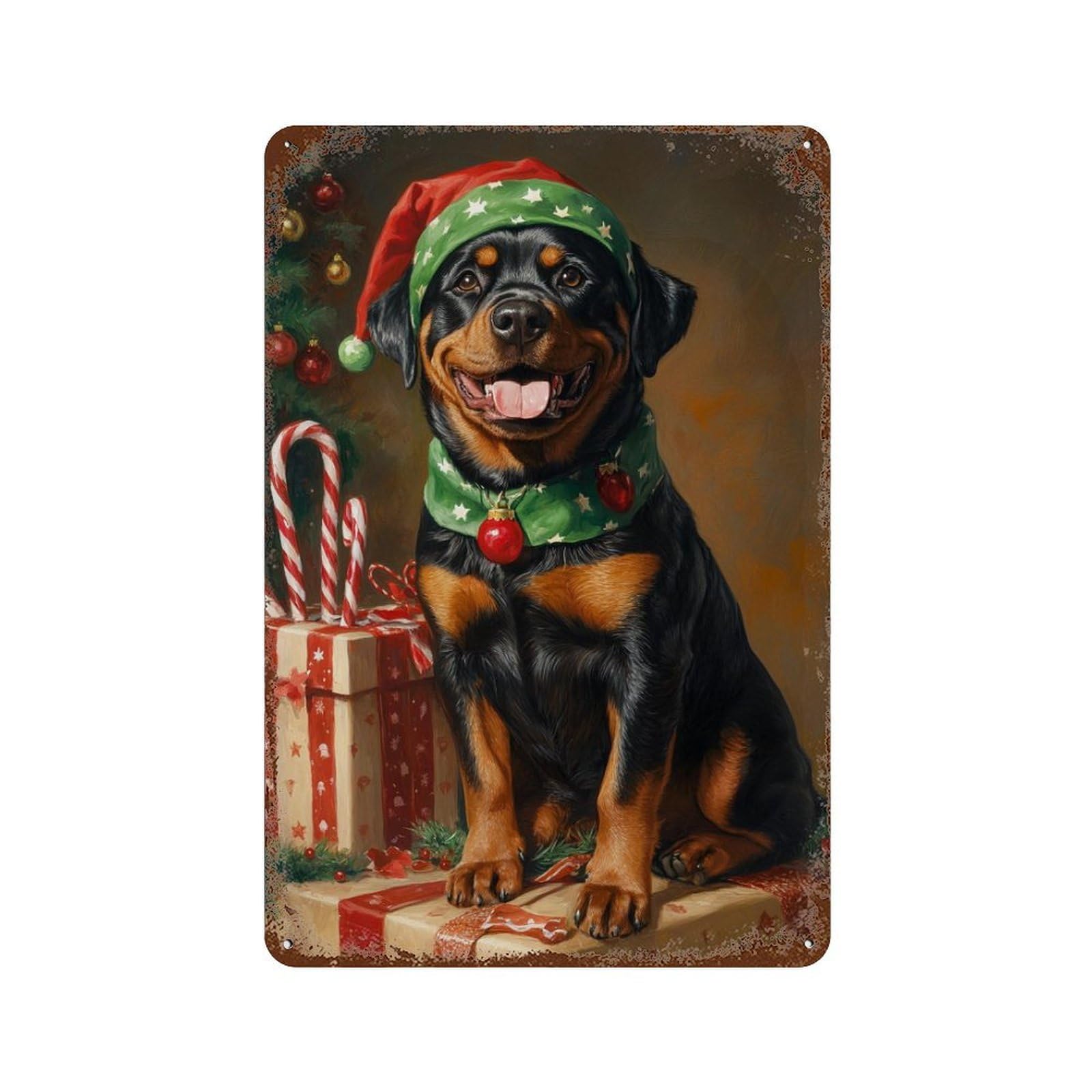 Rust Effect Christmas Rottweiler with Presents -1 Rusty Metal Tin Sign 11.8"x7.9", Old School Wall Decor for Garage, Bar And Workshop Decor