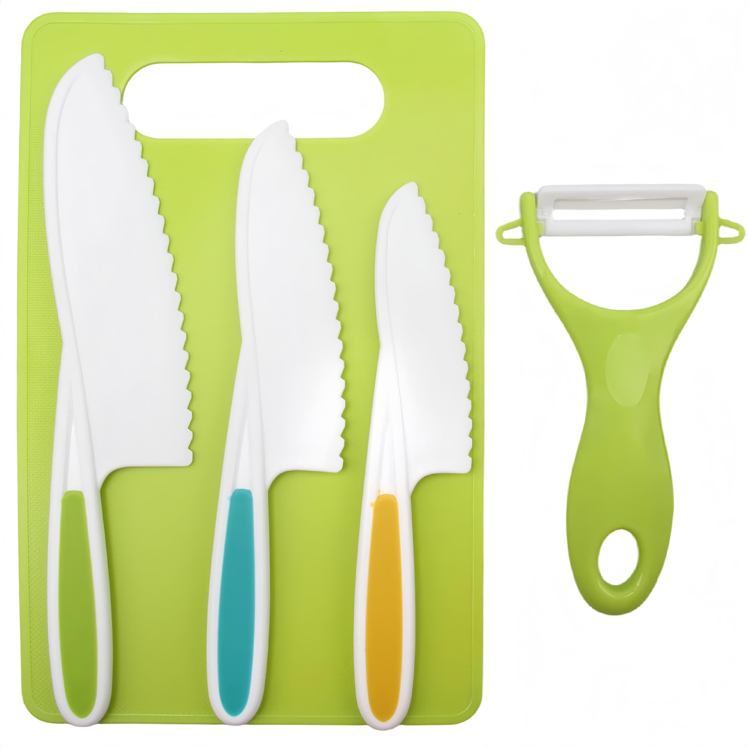 Gaipay 5-Piece Kids Kitchen Knife Set, BPA-Free Safe Plastic Cooking Tools, Includes 3 Serrated Knives, Peeler and Cutting Board for Bread Fruits and Vegetables