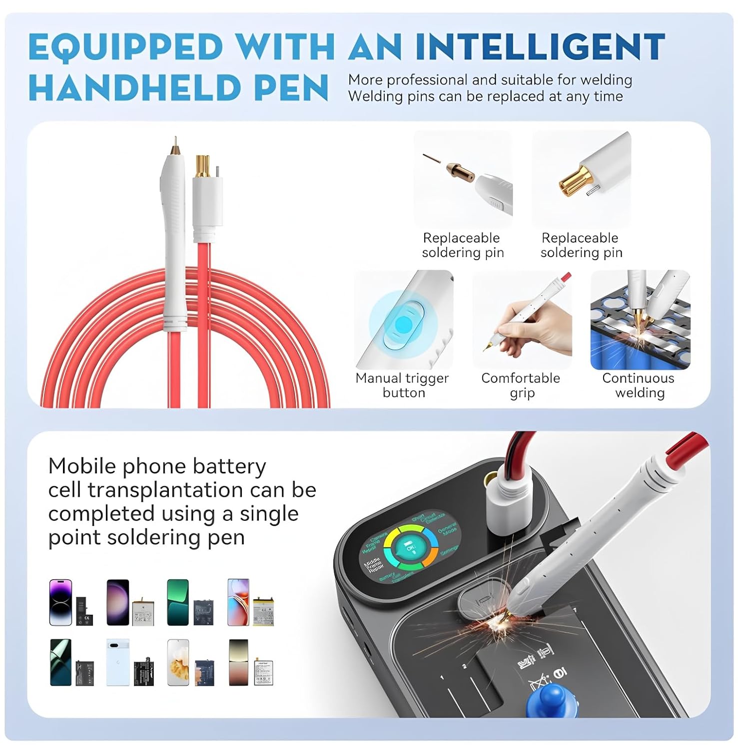 Features of the intelligent handheld welding pen, including replaceable soldering pins, a manual trigger button, comfortable grip, and capability for continuous welding.
