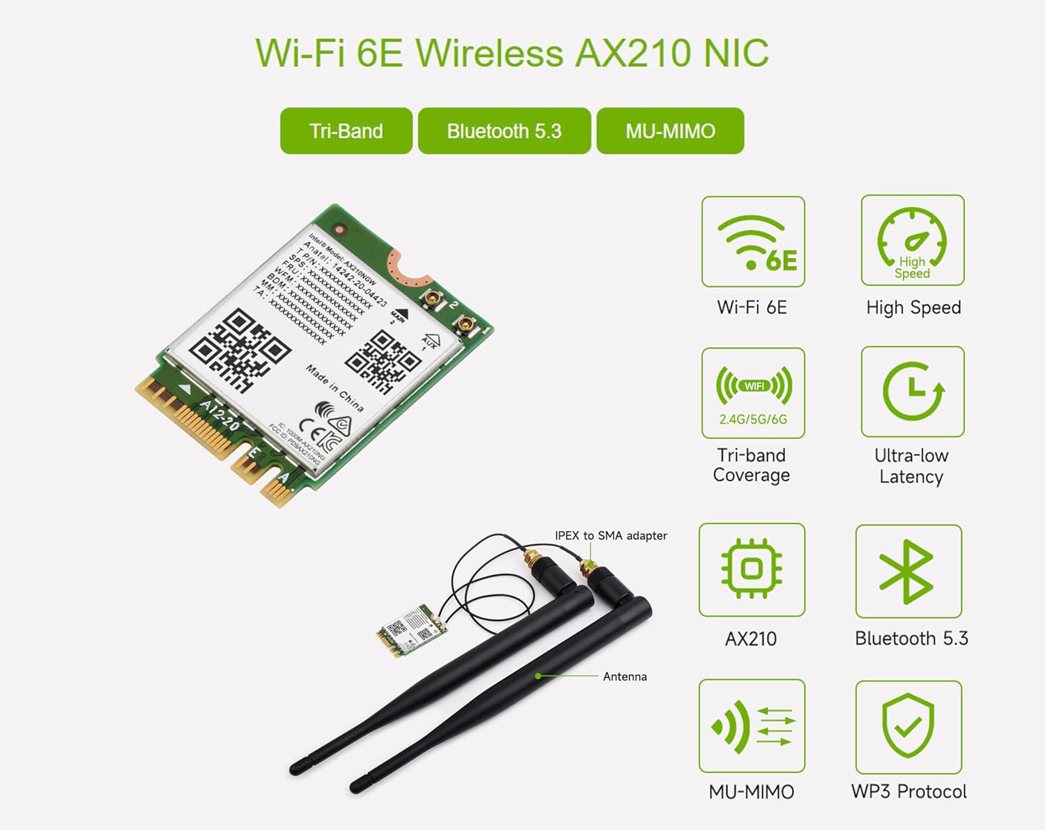Wi-Fi 6E Wireless AX210 NIC, Gigabit Tri-Band 2.4G/5G/6GHz Wi-Fi 6E, 802.11AX Standard, Bluetooth 5.3, Support Linux, Windows 10/11, etc.