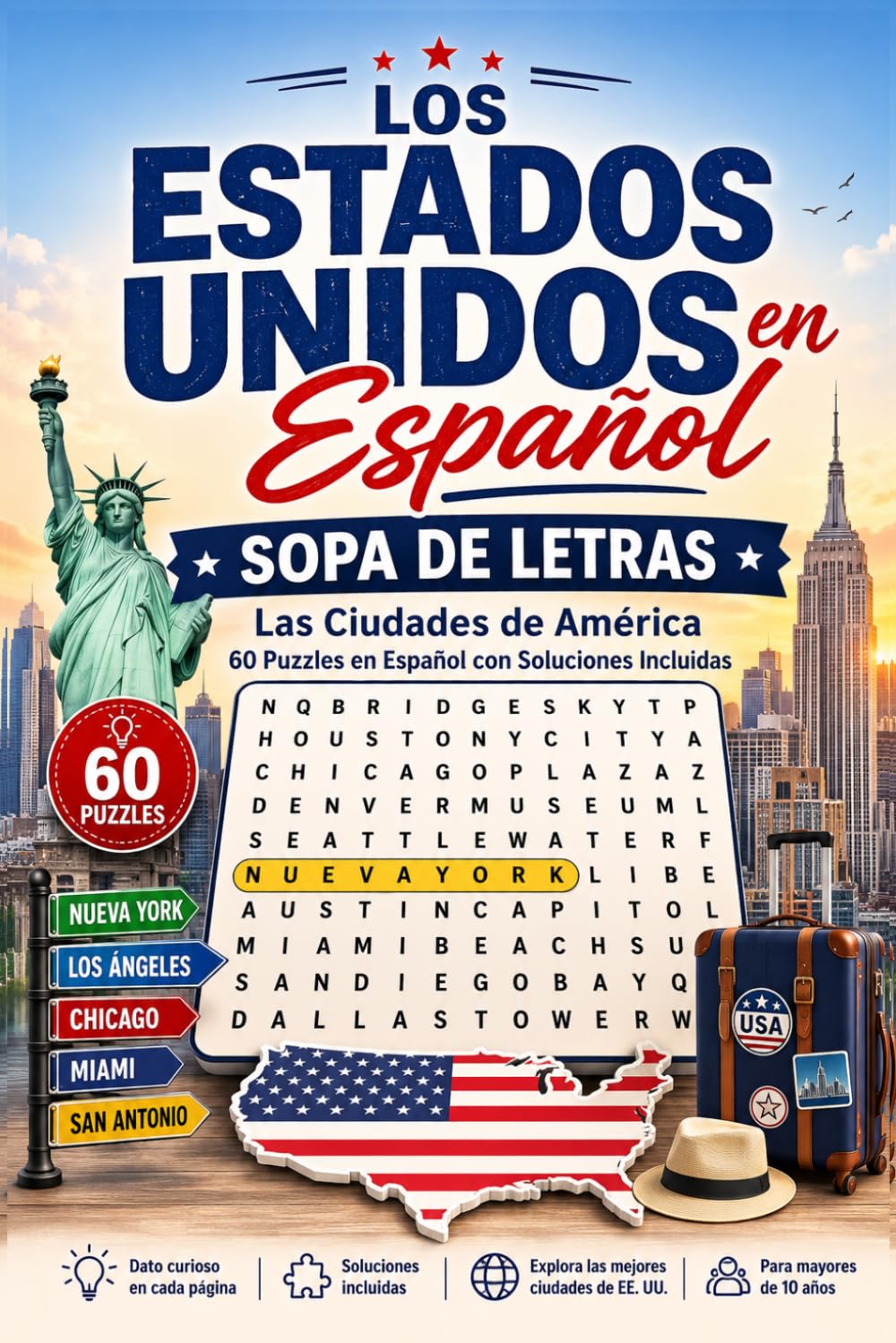 Los Estados Unidos en Español: Sopa de Letras: Las Ciudades de América — 60 Puzzles en Español con Soluciones Incluidas