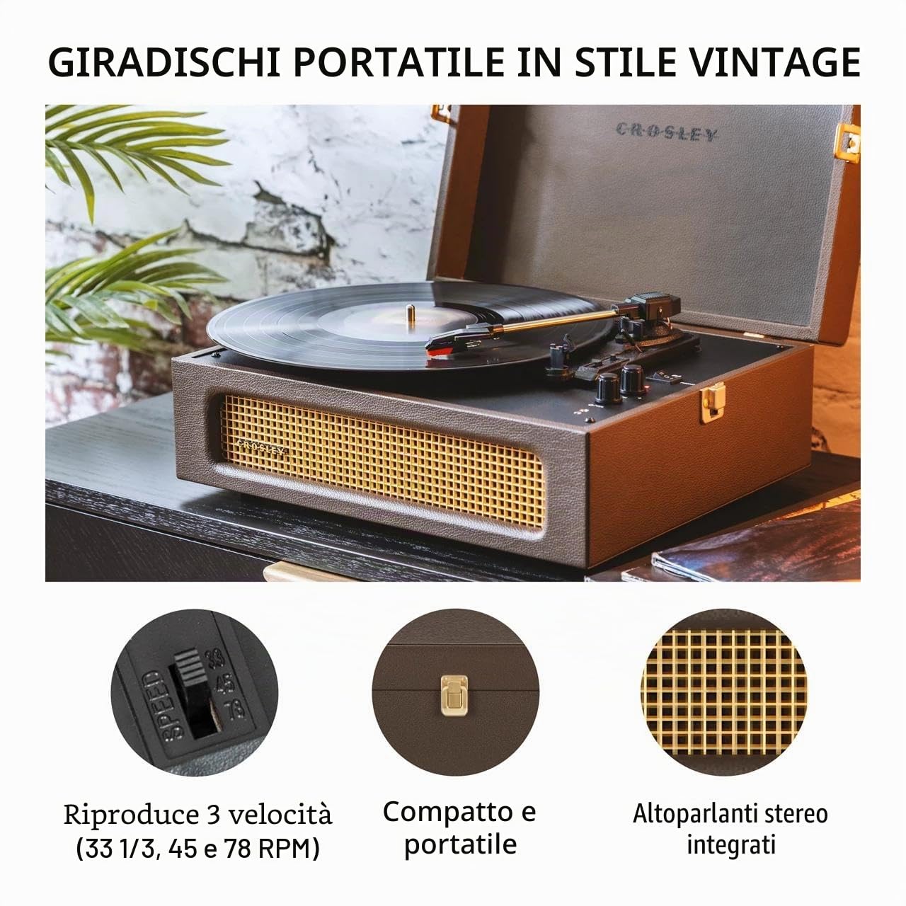 Crosley Voyager - Giradischi portatile Bluetooth, lettore di dischi in vinile a 3 velocità, giradischi per la casa per dischi in vinile, altoparlanti stereo integrati e ricevitore Bluetooth, ingresso