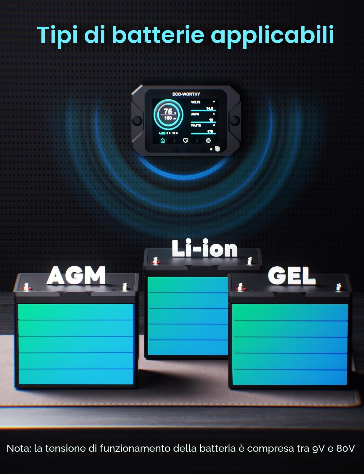 ECO-WORTHY Monitor della batteria 300 A 12V/24V/36V/48V display touchable allarme 9-80V LiFePO4 gel camper impianti solari