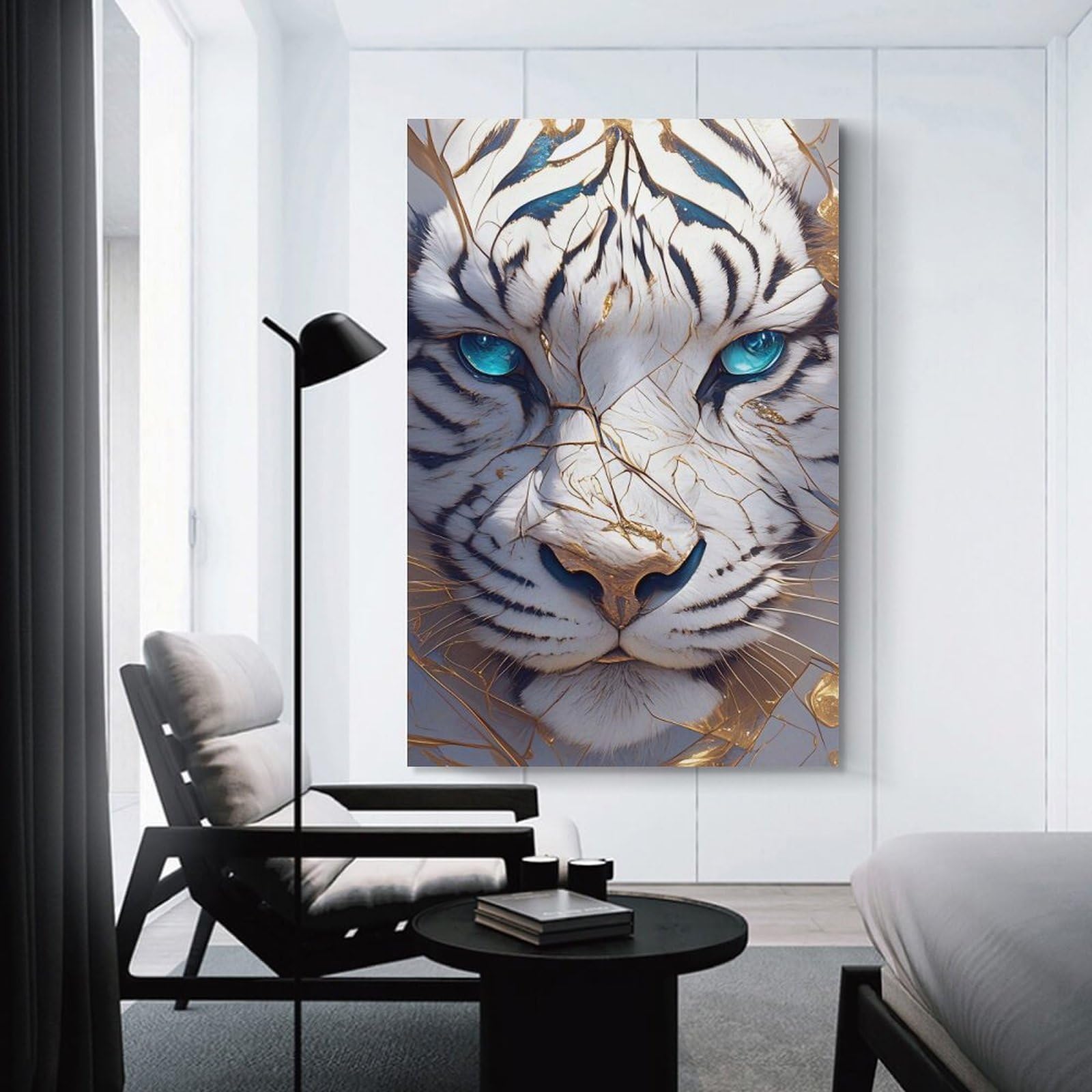 Junmoney Wall Decor Canvas Print White Tiger with Golden Accents, 24x36inch(60x90cm), for Study, Office Or Apartment Decor, Canvas Artwork with Gifting Potential