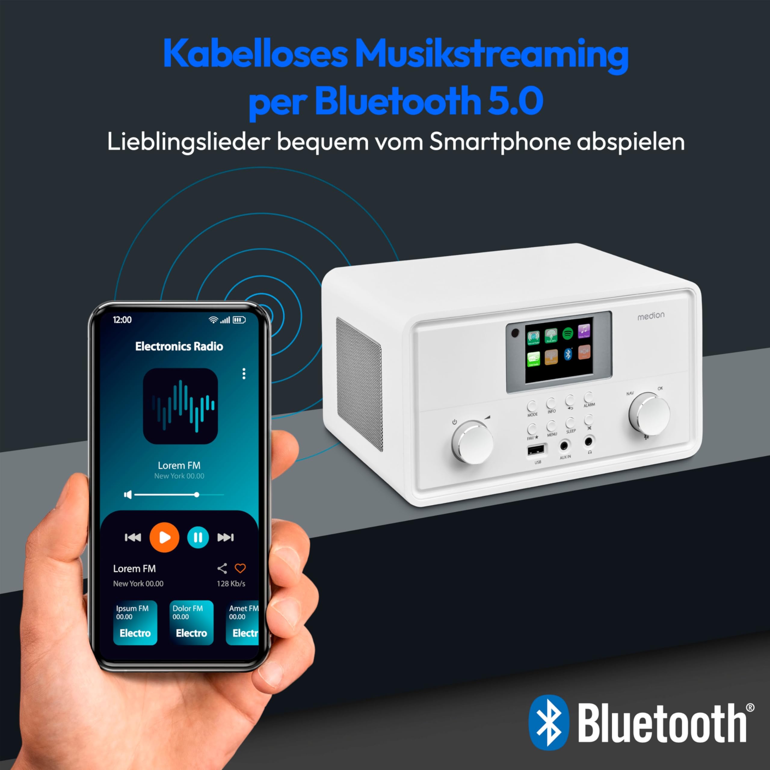 MEDION P85027 Internetradio (DAB Plus, UKW Radio, Spotify Connect, WLAN, Bluetooth, Streaming, Equalizer, Farbdisplay, USB, AUX, Wecker, Schlummerfunktion, Sleep Timer) weiß