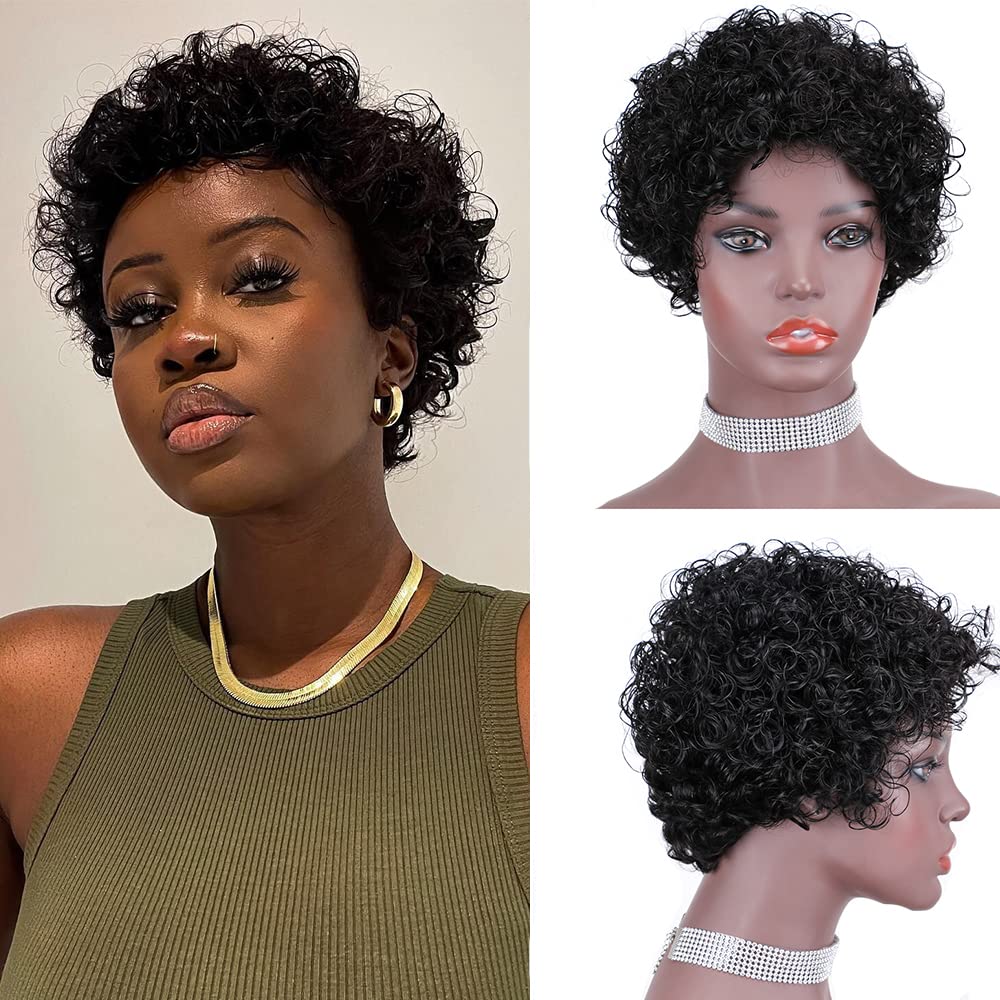 LDGUGO Short Pixie Curly Wigs Human Hair Bouncy Curl Wig for Black Women Natural Color