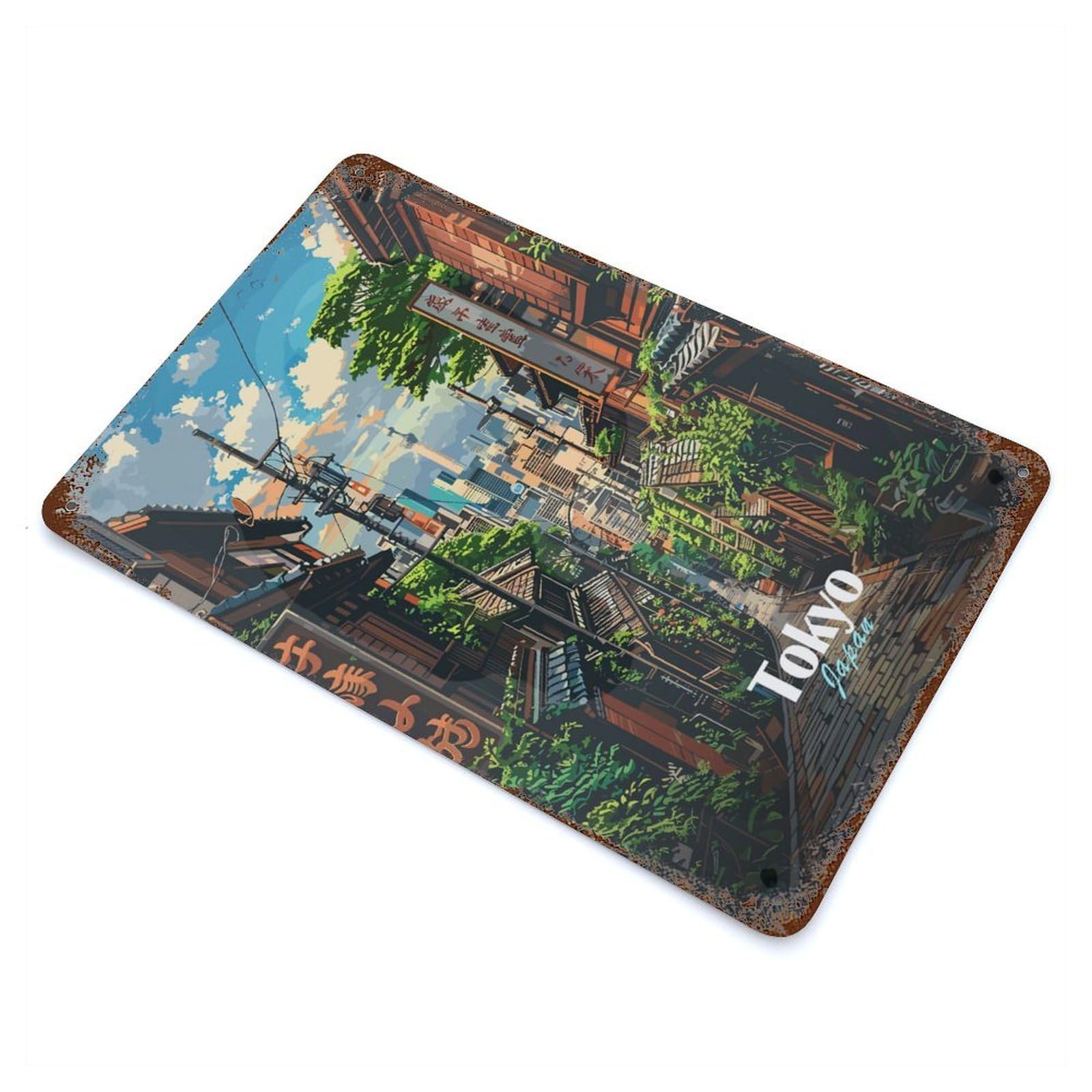 Rust Effect Tin Sign with Tokyo Street Scene Design 11.8"x7.9", for Pub, Kitchen And Man Cave Decor, Industrial Home Decor