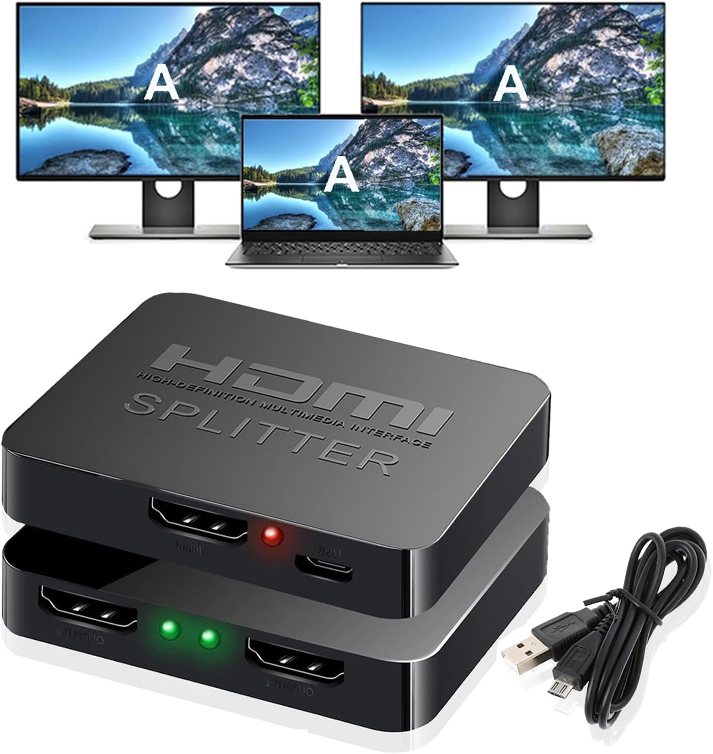 AKWOR HDMI Splitter 1 in 2 Out for Dual Monitors, 4K Dual HDMI Adapter Extender for 2 Monitors- Copy 1 Source to 2 Displays at The Same Time