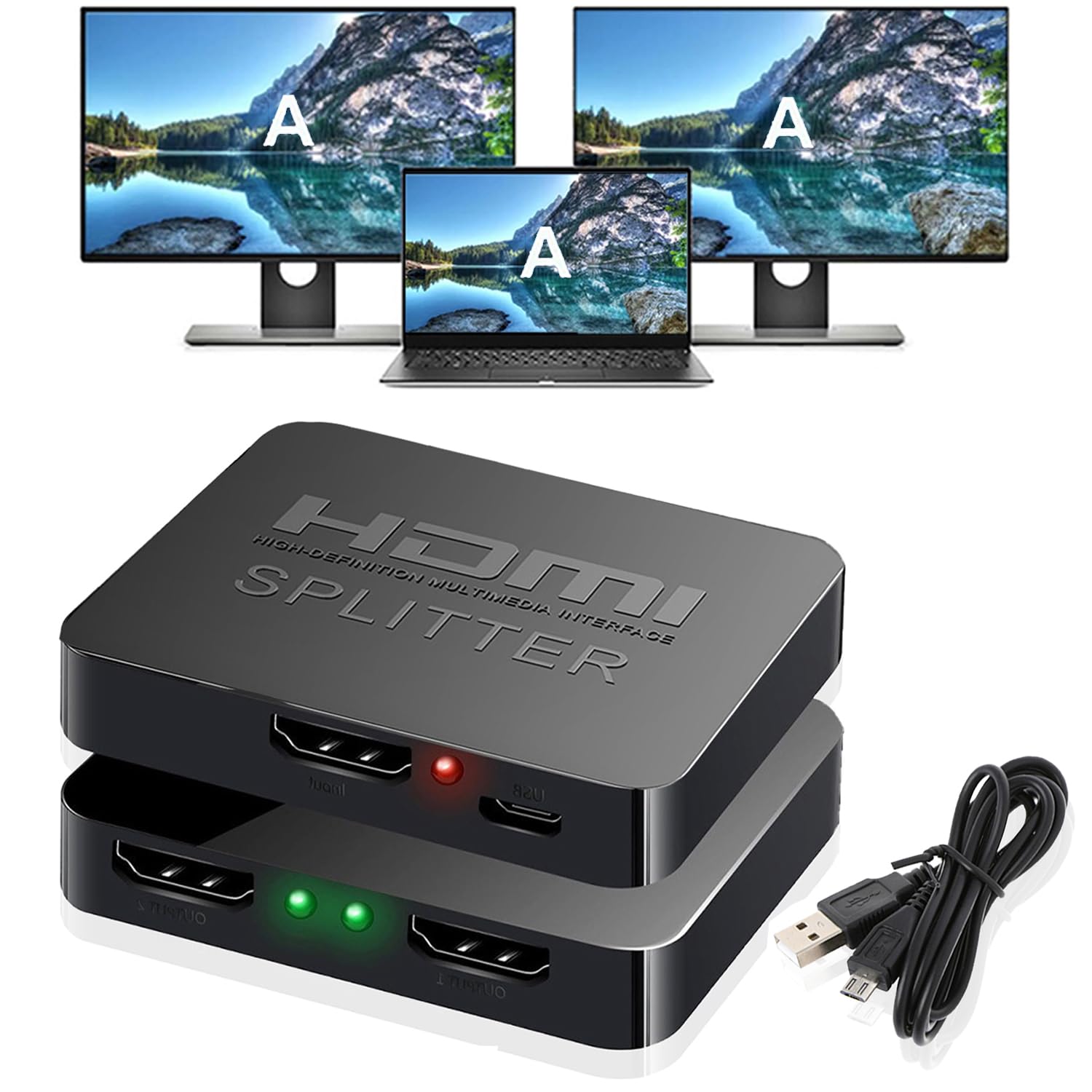 AKWOR HDMI Splitter 1 in 2 Out for Dual Monitors, 4K Dual HDMI Adapter Extender for 2 Monitors- Copy 1 Source to 2 Displays at The Same Time