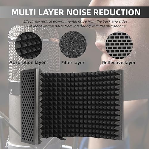 Miniatura 3 de SYLPHID Escudo de aislamiento de micrófono con filtro pop y soporte y clip para teléfono, plegable de triple capa a prueba de sonido, cubierta de