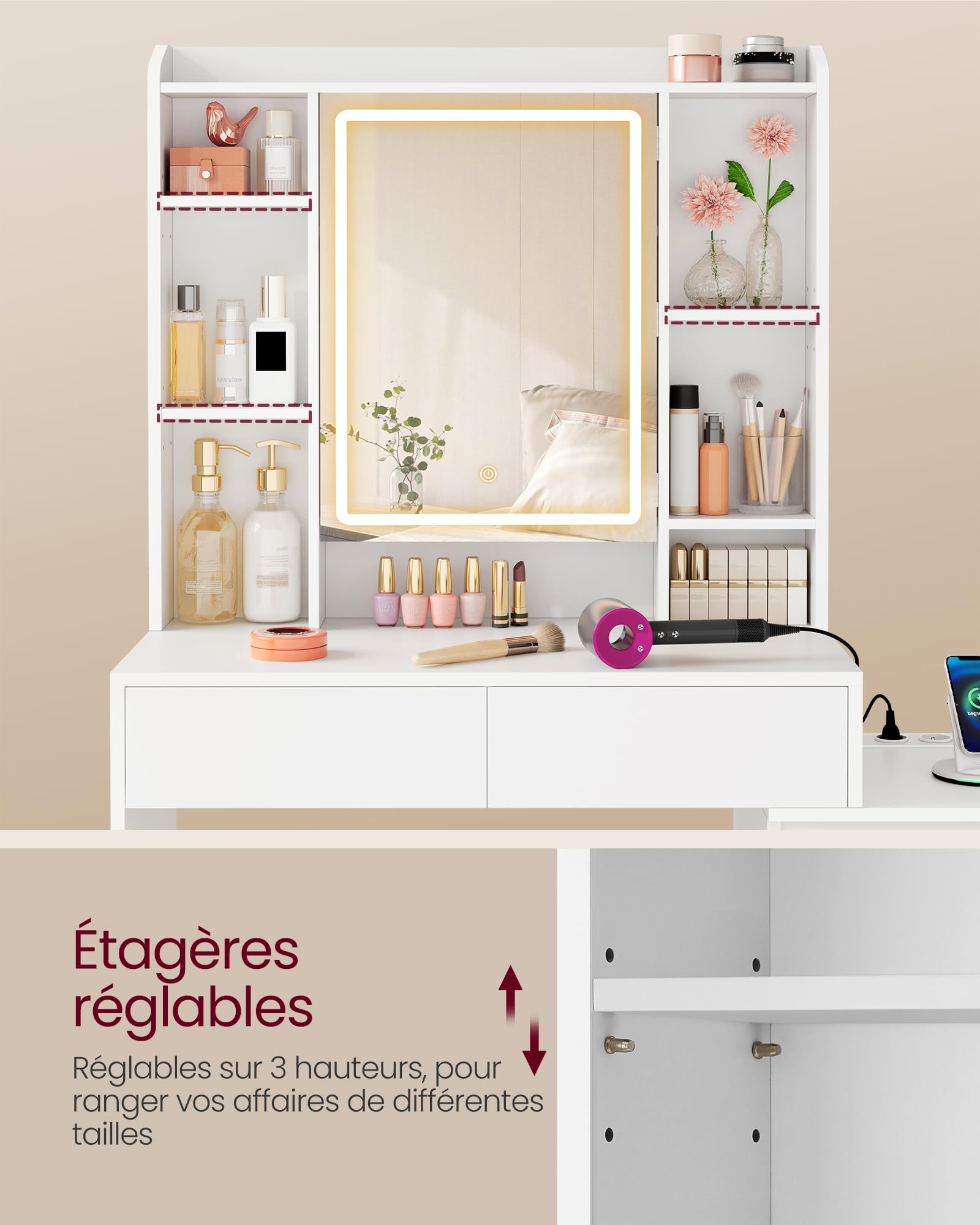 VASAGLE Coiffeuse avec Miroir LED, Luminosité Réglable, Multiprise, Table de Maquillage, 40 x 105 x 145 cm, Compartiments Ouverts, Étagères Réglables, Moderne, Blanc Nuage, Kailyn RDT144WB01