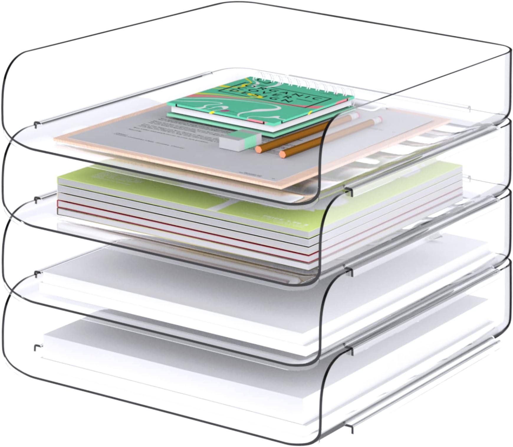 Tomorotec Desk Letter Tray Set, A4 Size Clear PET Stackable Document Organizer Office Desktop File Paper Holder Book Storage Rack Side Load Anti-Skid Stacking Support Convex Bottom (4X Portrait)