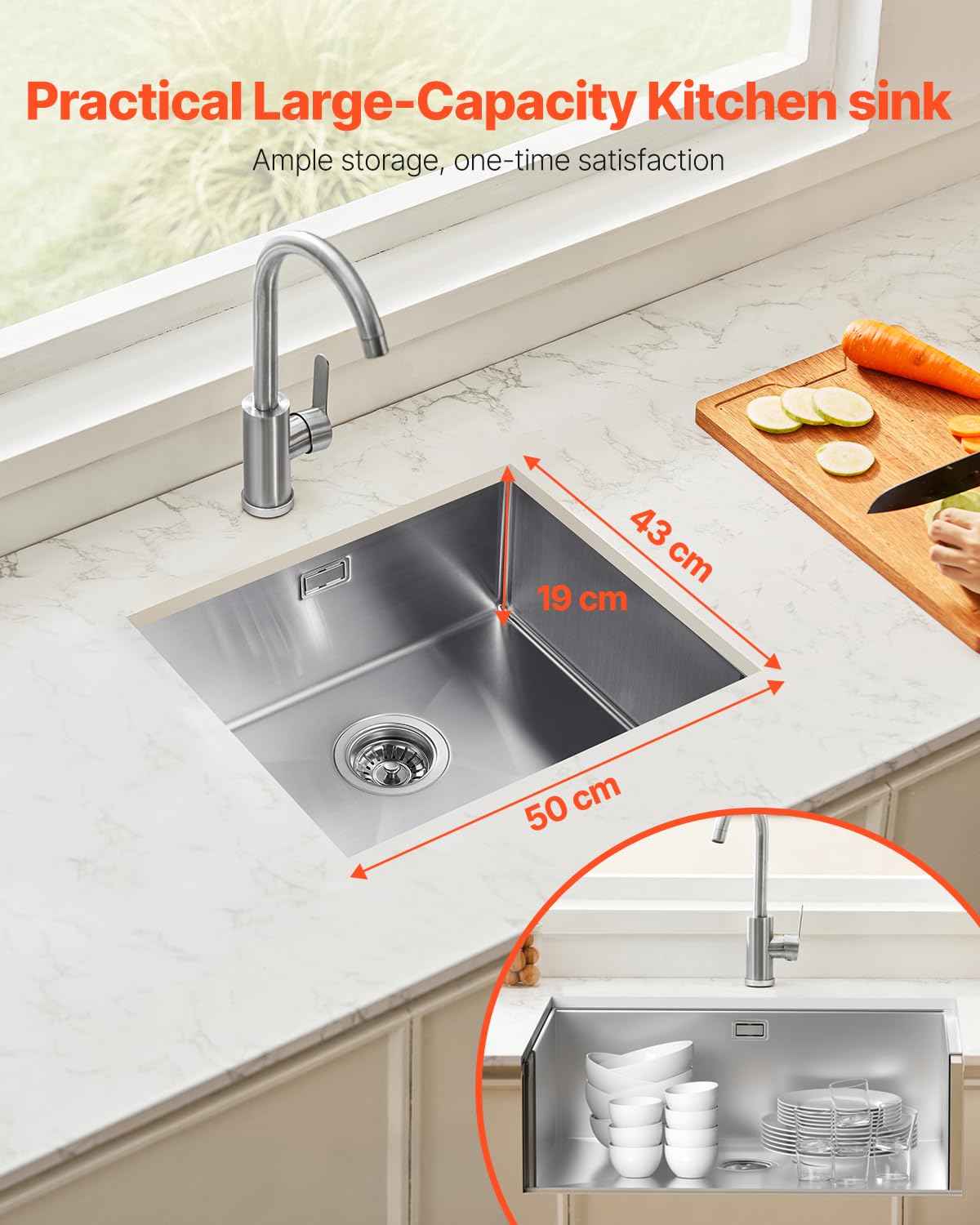 VEVOR Lavello da Cucina da 50 cm Lavello Sottopiano in Acciaio Inossidabile 304, Vasca Singola da Incasso Stile Rustico con Accessori, Lavello per Uso Domestico per Camper, Cucina di Preparazione, Bar