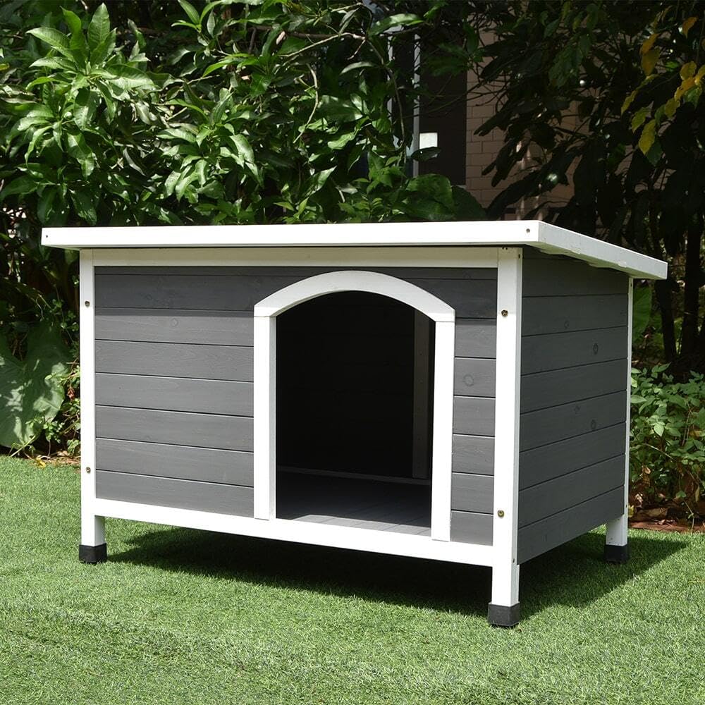 Animal Valley Niche à Chien Toit Plat, Taille L, Gris/Blanc | Bois et plastique, 116 x 82 x 79 cm, pour chiens moyens et grands
