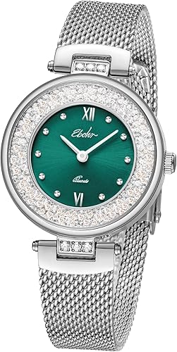 EBOHR Stylish Women's Watch with Sapphire Glass Mirror, Green Sunburst Dial, Silver Metal Woven Strap, Water Resistant, and Simple Design Perfect