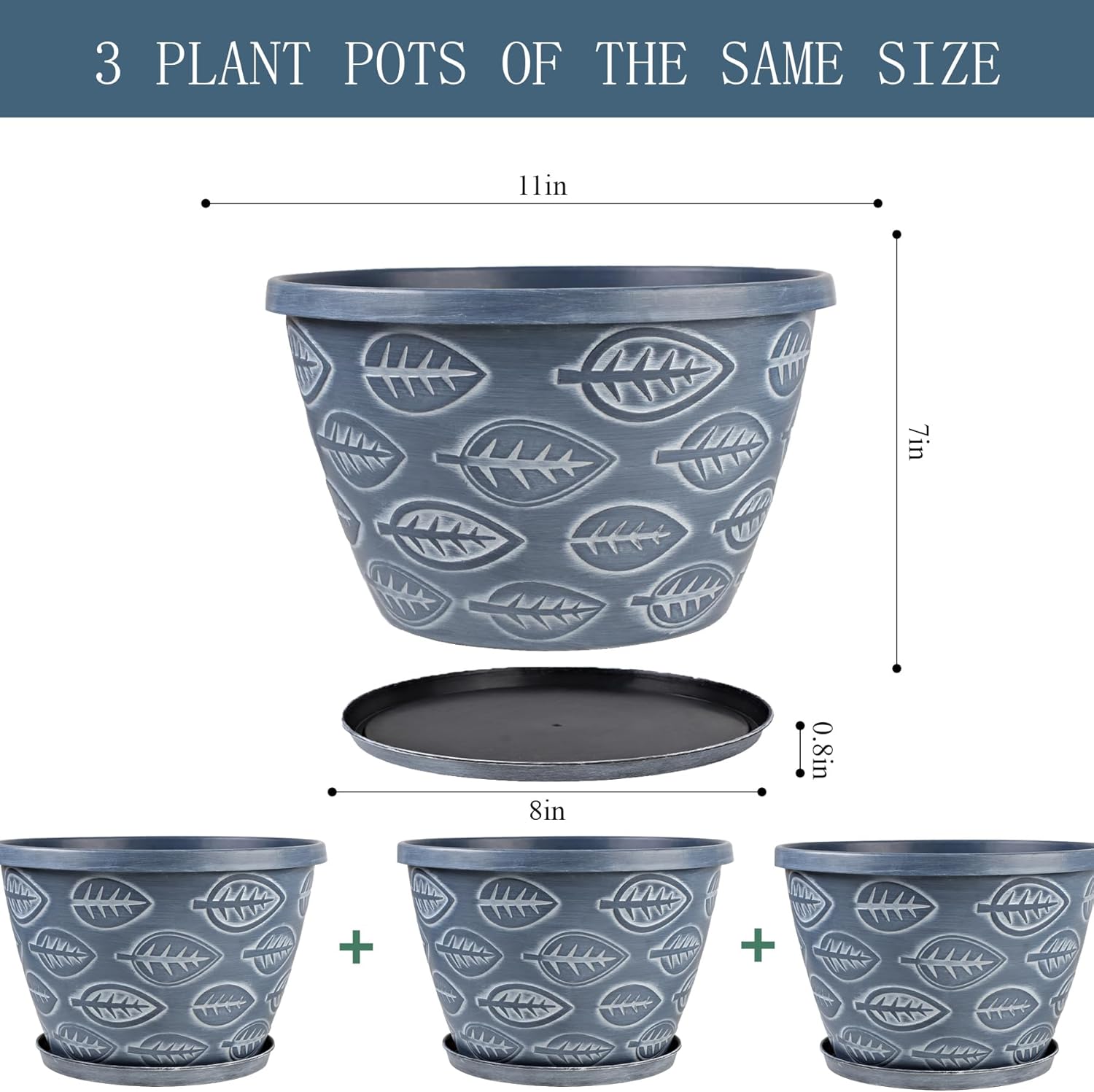Nooulap Outdoor Flower Pots for Plants Set of 3 Pack 11 Inch Planter Pot, Large Plastic Plant Pots Indoor Plants with Drainage Holes & Trays, Modern Decorative Garden Containers Sets for House(Blue)