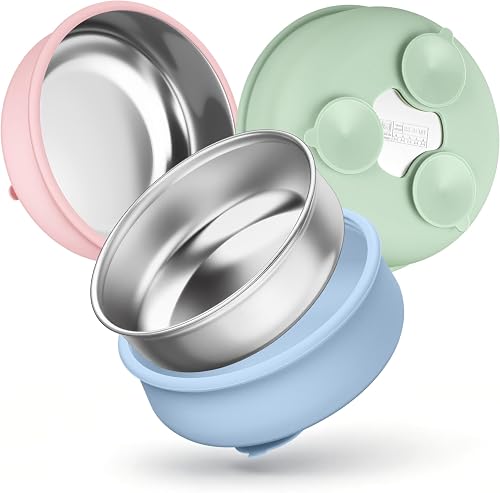 HaWare Toddler Stainless Steel Baby Bowls with Silicone Suction, Children Kids Feeding, Non-Slip, Non-Toxic, Dishwasher Safe, Blue+Green+Pink, 3 Pack