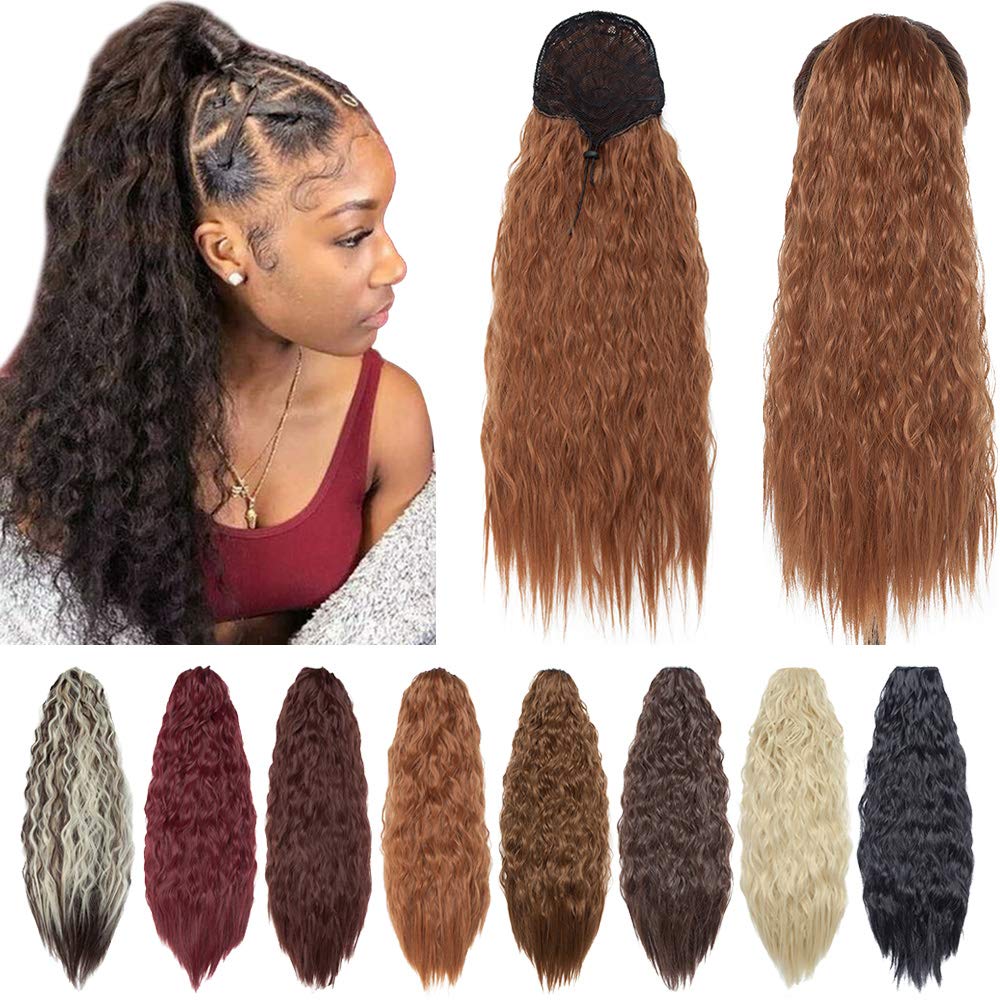 Hairro Ponytail Hair Extensions With Drawstring Ponytail Extension For Black Women Synthetic Red Ponytail Afro Curly Pony Tail Hairpiece Long Wavy Fluffy Ponytails For Girl 18 Inch #30 Light Auburn