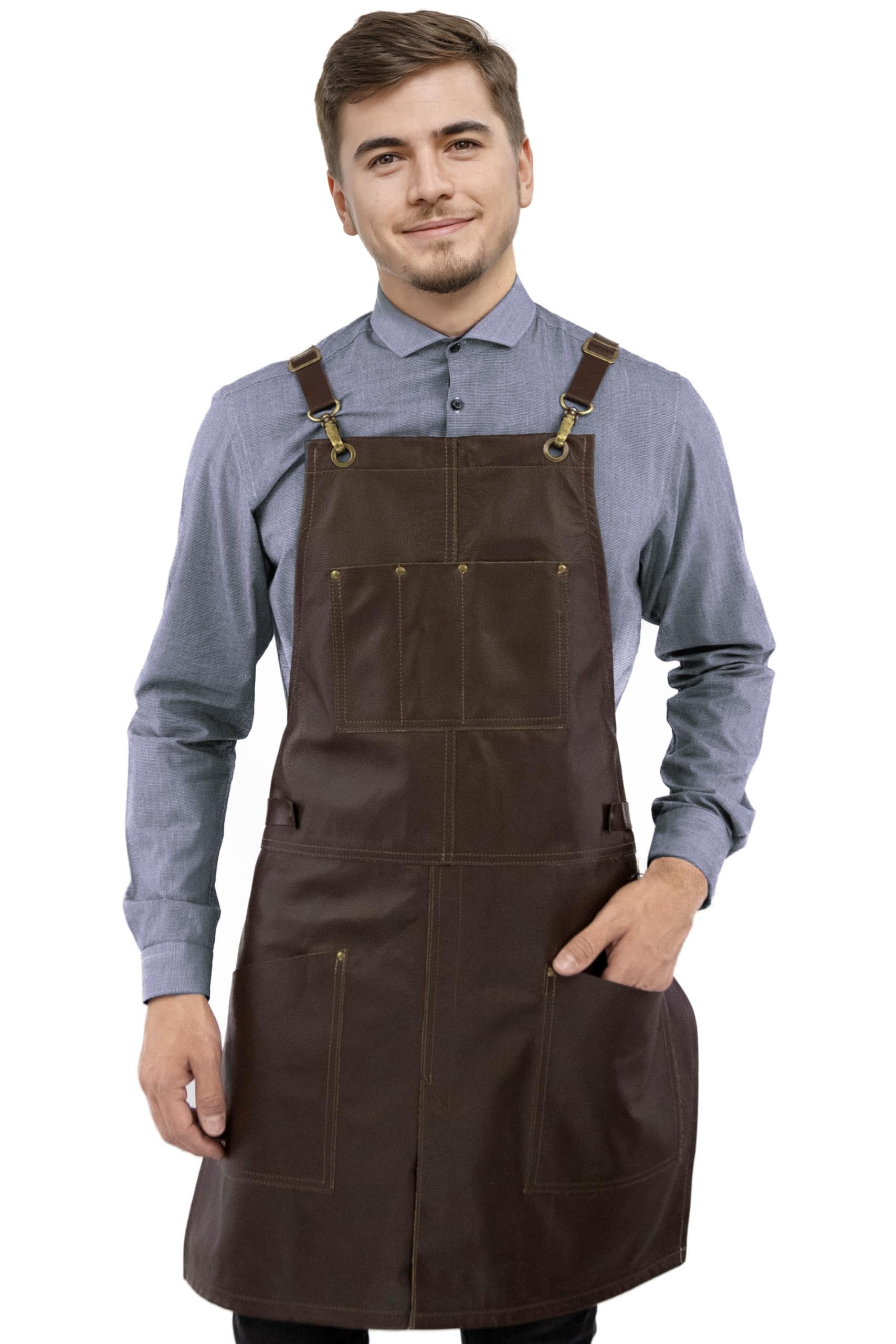 Leather Apron - Crossback Leather Straps - Tool Pockets, Split-Leg, Lined - Adjustable for Men and Women - Pro Chef, Barista, Restaurant, Woodworker, Shop, Bartender, Maker