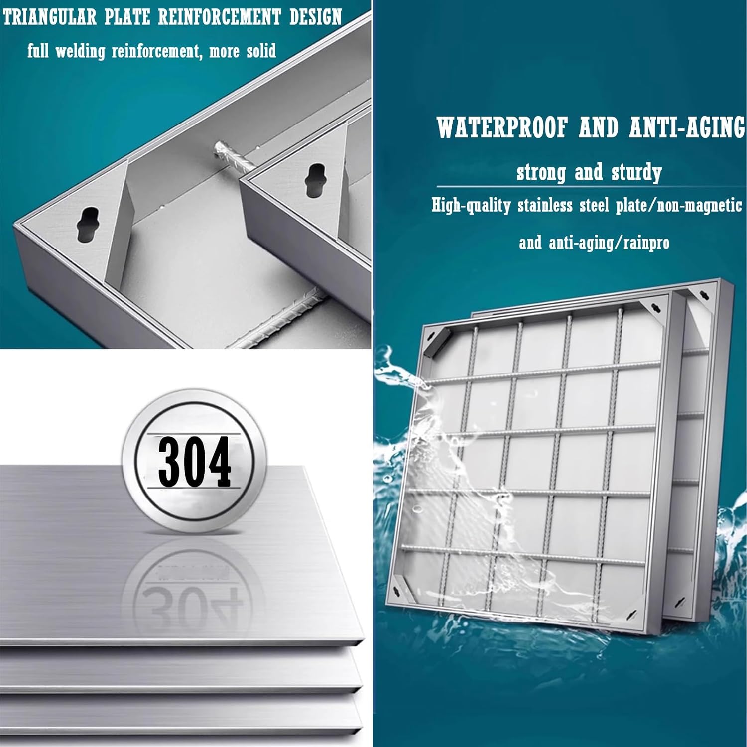 ステンレススチール製スクエア下水カバー - 庭、車道、学校用の埋め込み式マンホール蓋 - 目立たないデザイン (75cm x 45c