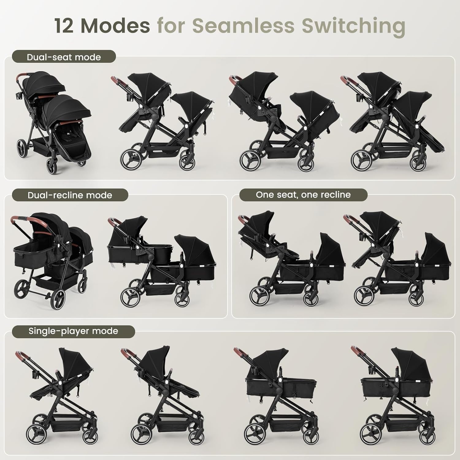 Double Stroller Newborn and Toddler, Foldable Tandem Twin Baby Travel Stroller, Reversible Seat, Adjustable Backrest, Storage Basket/Cup Holder, for 0-3 Kids